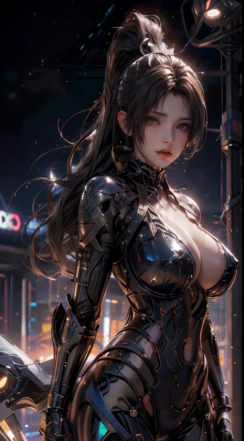Highest image quality，Outstanding details，Realistic cinema、Realiy、realisticlying、超高分辨率，（Fidelity：1.4），Shine、glitters，realistic detail，Sexy girl nipple，mech wings，The background is a high-tech lighting scene in the future city，Mid-range portrait，Large breasts，the night，cyber punk perssonage，fumo，volumettic light，Exhibitionism