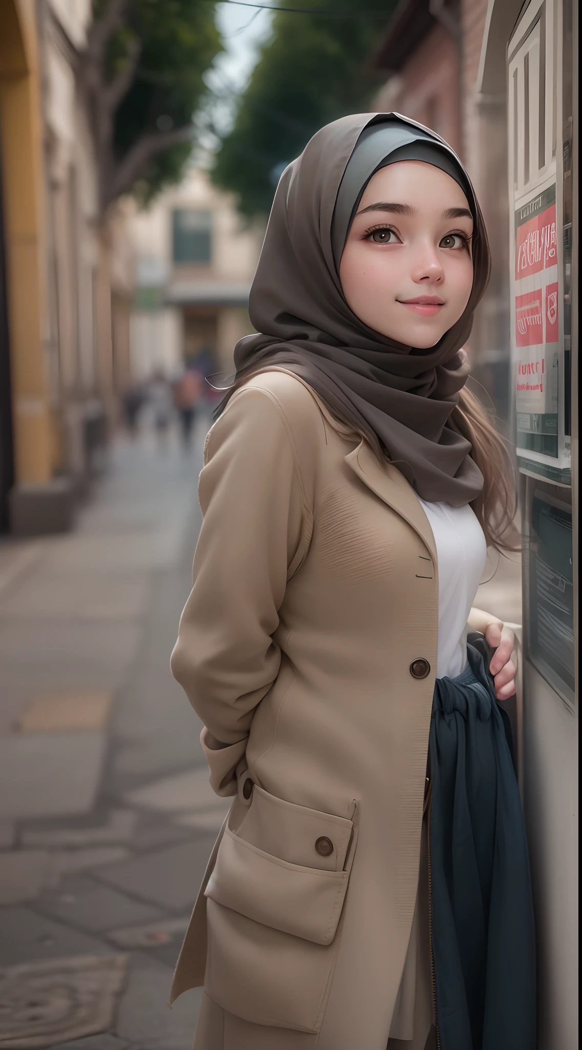 masterpiece, realistic, 8k, ultra HD, a street center photo shows an adorable, 18-year-old. In this photo, it is apparent that she has sharp eyes and a pointed nose, but she has a cute smile. The photo was taken at a street center in Russia with good lighting that creates a cinematic atmosphere for the image. She is also seen wearing an adorable hijab.