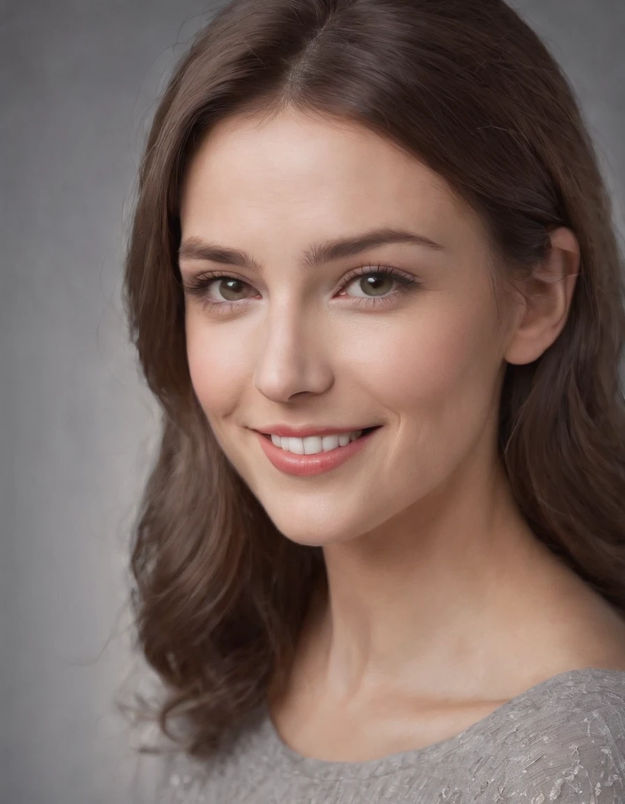 (photo: 1.3) af (realistic: 1.3), Caucasian woman, soft light, clear face, happy, cheerful, smiling, warm light, ((gray-white gradient background)), (background)). ((gray wall background)) avatar, (long or short hair), smile, handsome, young,, short hair, smile, ((medium close-up))