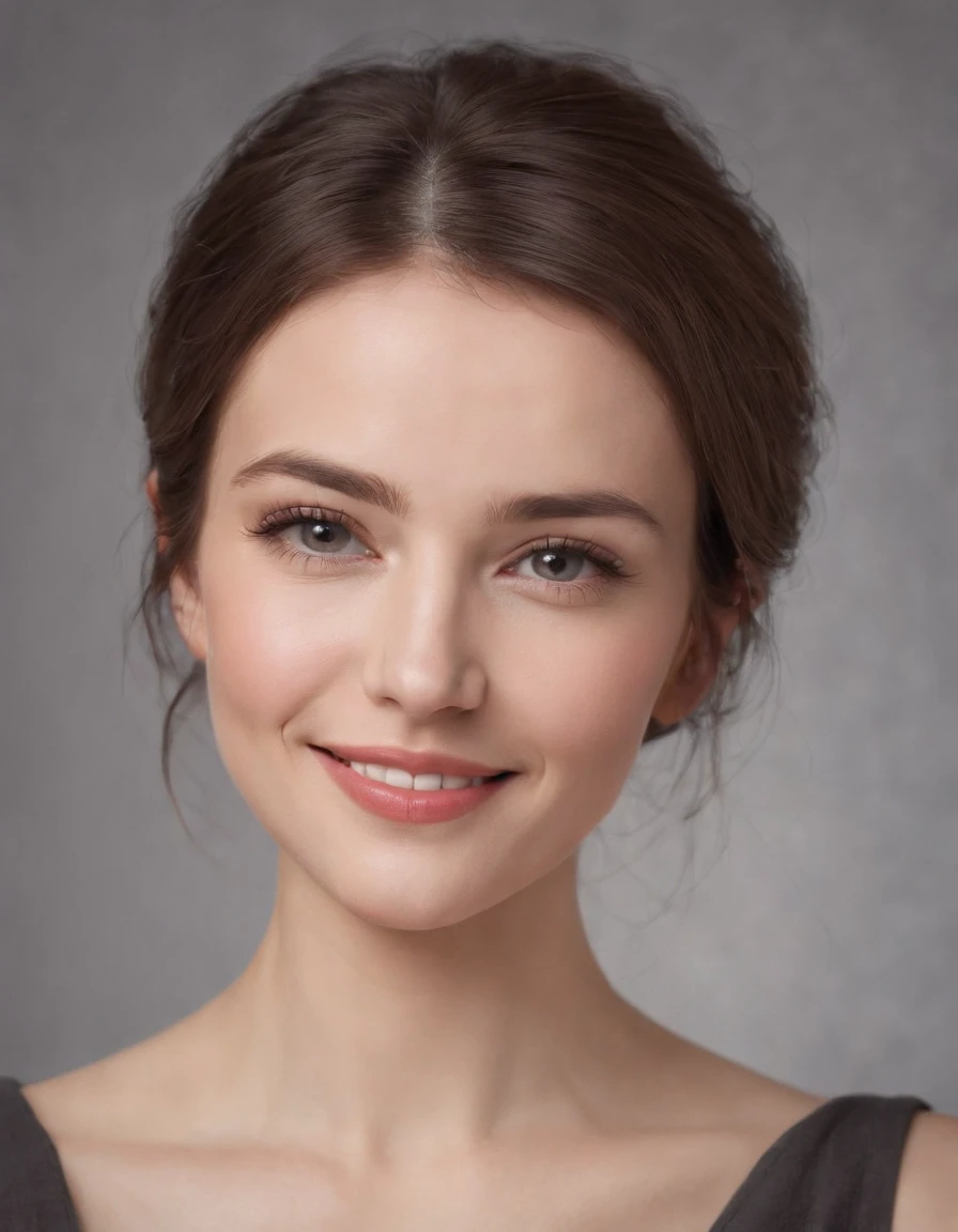 (photo: 1.3) af (realistic: 1.3), Caucasian woman, soft light, clear face, happy, cheerful, smiling, warm light, ((gray-white gradient background)), (background)). ((gray wall background)) avatar, (long or short hair), smile, handsome, young,, short hair, smile, ((medium close-up))