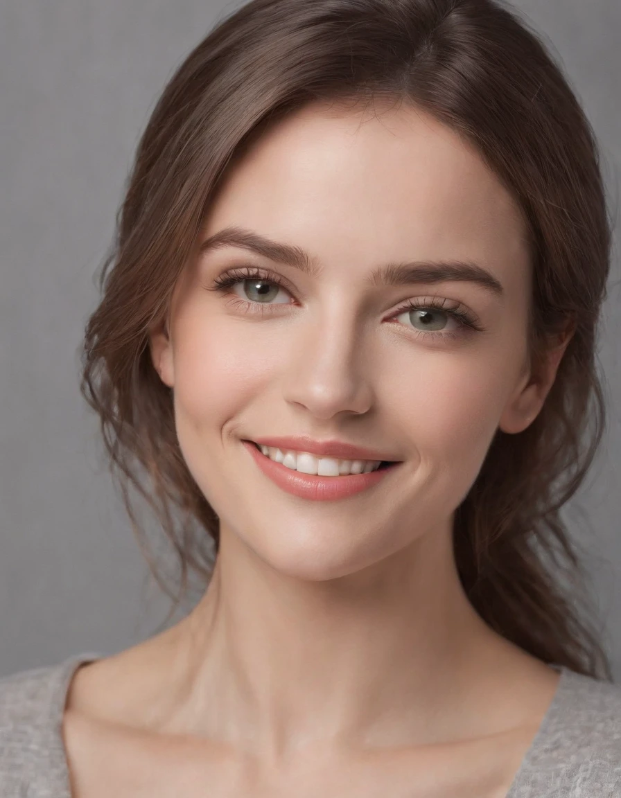 (photo: 1.3) af (realistic: 1.3), Caucasian woman, soft light, clear face, happy, cheerful, smiling, warm light, ((gray-white gradient background)), (background)). ((gray wall background)) avatar, (long or short hair), smile, handsome, young,, short hair, smile, ((medium close-up))