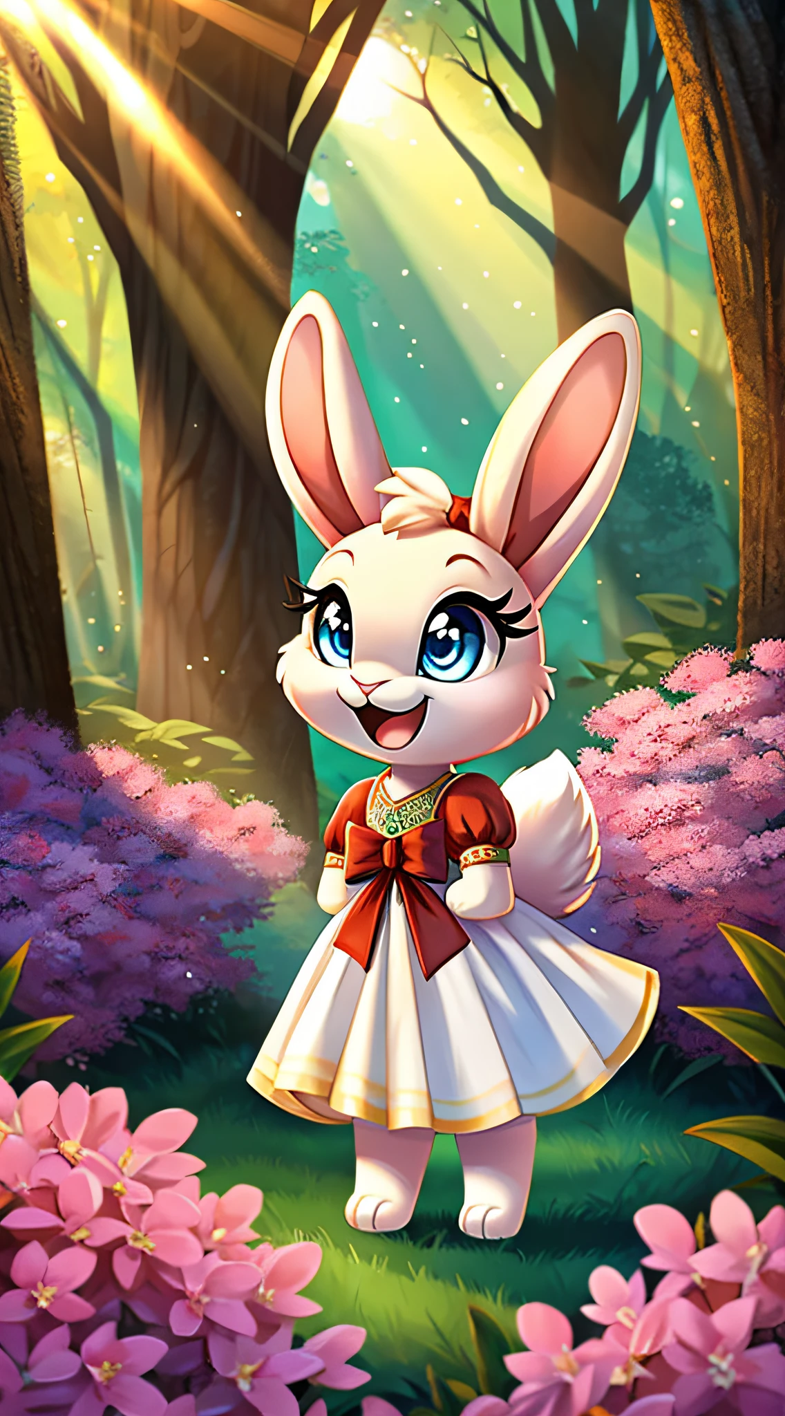 zoomed out image, fantasy style art, cute, adorable, short character, small, tiny little fluffy female white bunny with blue eyes, 4 ears, 2 extra ears, big floppy ears, long ears, ears perked up, raised ears, long eyelashes, poofy rabbit tail, wearing a red frilly ribbon dress, smiling, standing in a forest, big expressive smile, open mouth, wide eyes, excited eyes, excited face, stunning visuals, sunlight coming through the trees, pink flowers scattered in the bushes, digital illustration