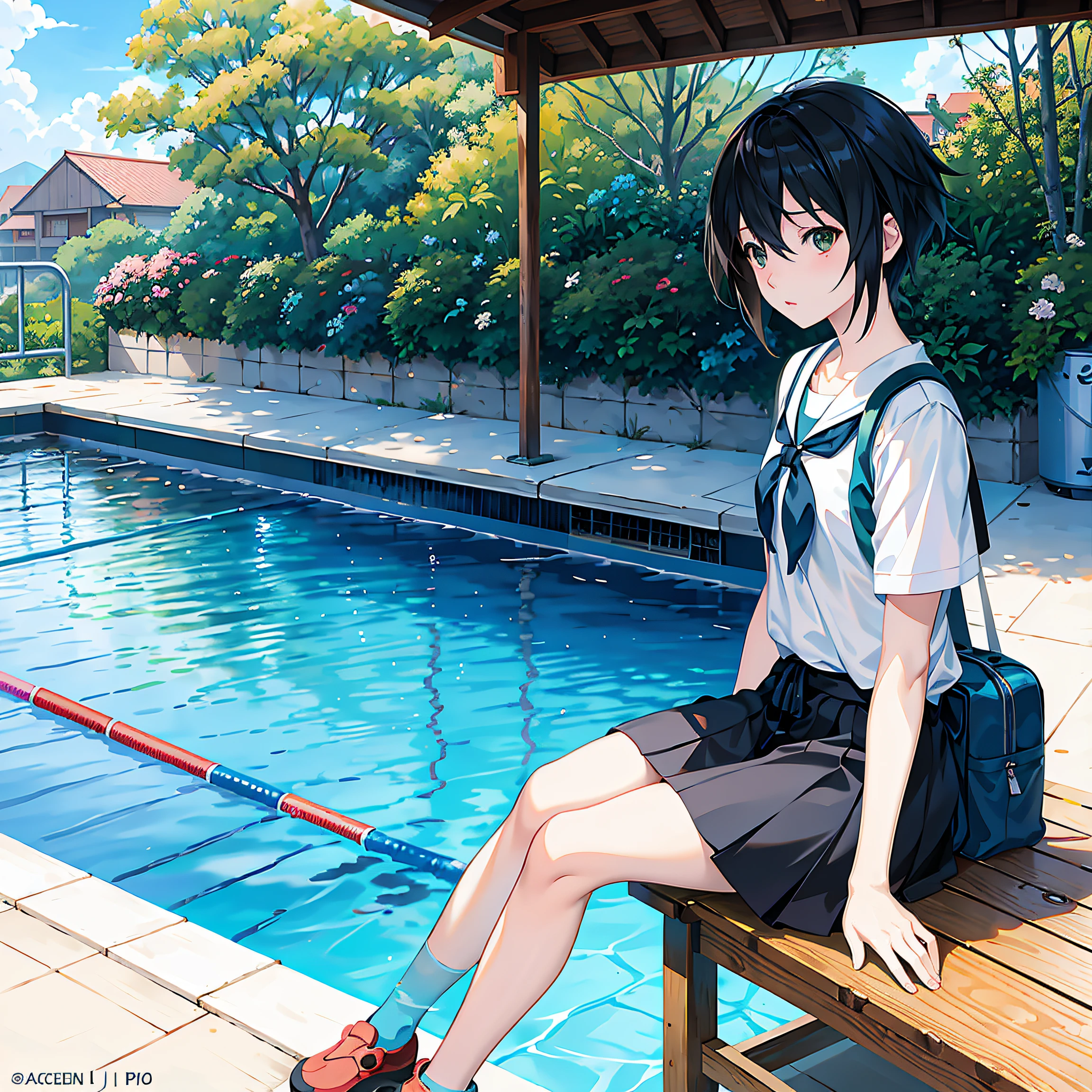 Anime girl sitting on bench in pool,Carrying a rucksack, a photorealistic painting by Shitao, Pisif, Realism, Anime style mixed with Fujifilm, next to a pool, Guviz-style artwork, Kantai collection style, Makoto Shinkai and Artgerm, style of anime4 K, Sitting in the pool,