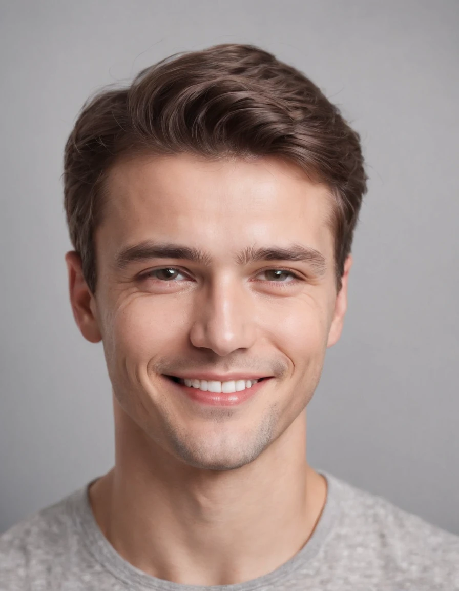 (Photo: 1.3) af (Realism: 1.3), Caucasian man soft light, clear face, happy, cheerful, smiling, warm light, ((gray white background)), ((gray white background)). ((gray wall background)) avatar, (long or short hair), smile, handsome, young,, short hair, smile, (medium close-up）