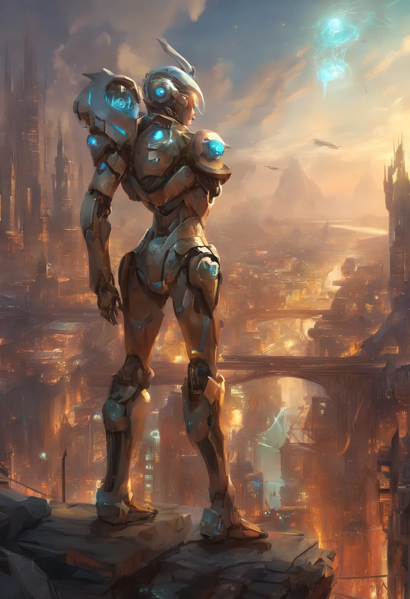 ((robot girl, Mecha)), Leuchtende Augen, Zartes Gesicht, Broken armor, Mechanische Aura, Mechanischer Arm, graue Haare, Lange Haare, Ceramic body, thigh gap, kleine Brust, Cyber-Hintergrund, Very nice city, (Durchscheinend, Reflektierende Haut), 8K, best quality, Ultra-detailliert, (Surrealismus: 1.4),
