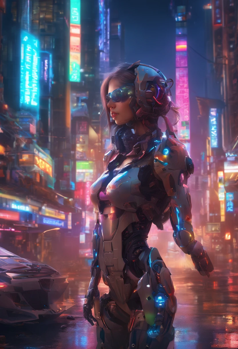 ((robot girl, Mecha)), Leuchtende Augen, Zartes Gesicht, Broken armor, Mechanische Aura, Mechanischer Arm, graue Haare, Lange Haare, Ceramic body, thigh gap, kleine Brust, Cyber-Hintergrund, Very nice city, (Durchscheinend, Reflektierende Haut), 8K, best quality, Ultra-detailliert, (Surrealismus: 1.4),