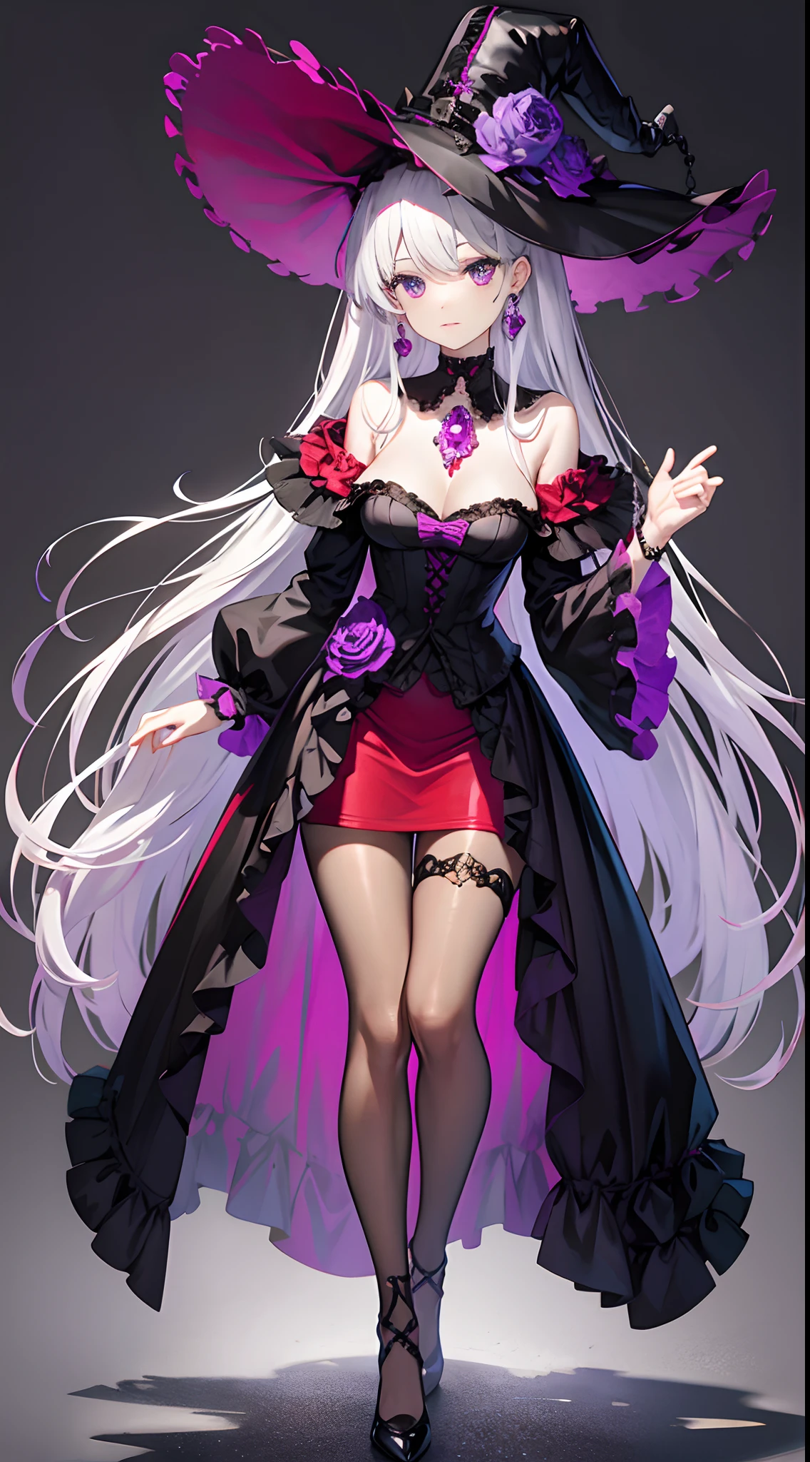 Purple Crystal Pendant,bandage on her hands,skull ring,full body,Red dress, ladylike hat, Victorian style, long gray hair, black eyes, D cup
