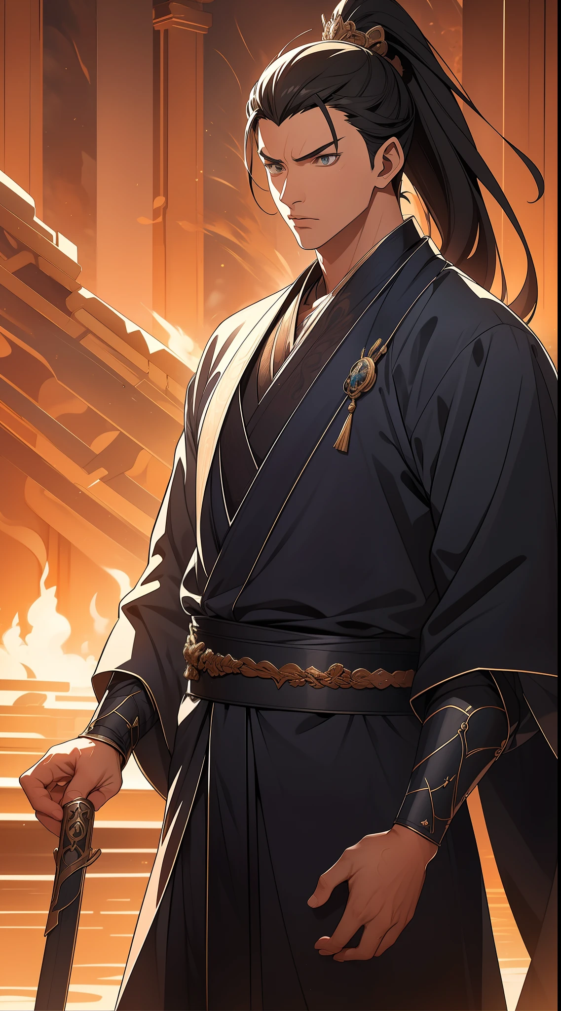 quadratic element，style of anime，mtu（Male Warrior），The proportions are correct，Face details，swordsmen，High ponytail hairstyle，Neck details，There is an Adam's apple，Blue suit，kaftan，long blue robes，clothes details，Handing over，longer sleeves，Game quality，Swordsmanship，Light and shadow tracking，Ray traching，detailed glow，cg render，hair detail，Black long hair，blue colored eyes，Handsome，Handsome，（juvenile sense），Clothing is complicated，Perfectcomposition，Refinement，high qulity，higher details，Lots of details，The background is complex，a sense of atmosphere，