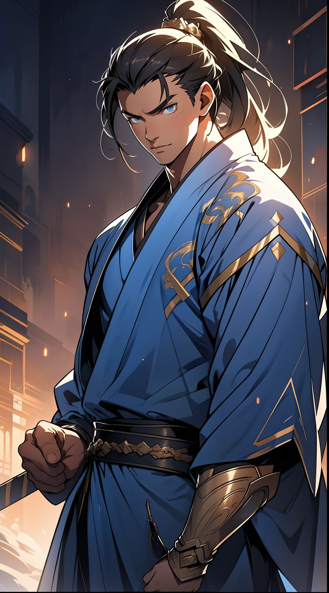 quadratic element，style of anime，mtu（Male Warrior），The proportions are correct，Face details，swordsmen，High ponytail hairstyle，Neck details，There is an Adam's apple，Blue suit，kaftan，long blue robes，clothes details，Handing over，longer sleeves，Game quality，Swordsmanship，Light and shadow tracking，Ray traching，detailed glow，cg render，hair detail，Black long hair，blue colored eyes，Handsome，Handsome，（juvenile sense），Clothing is complicated，Perfectcomposition，Refinement，high qulity，higher details，Lots of details，The background is complex，a sense of atmosphere，