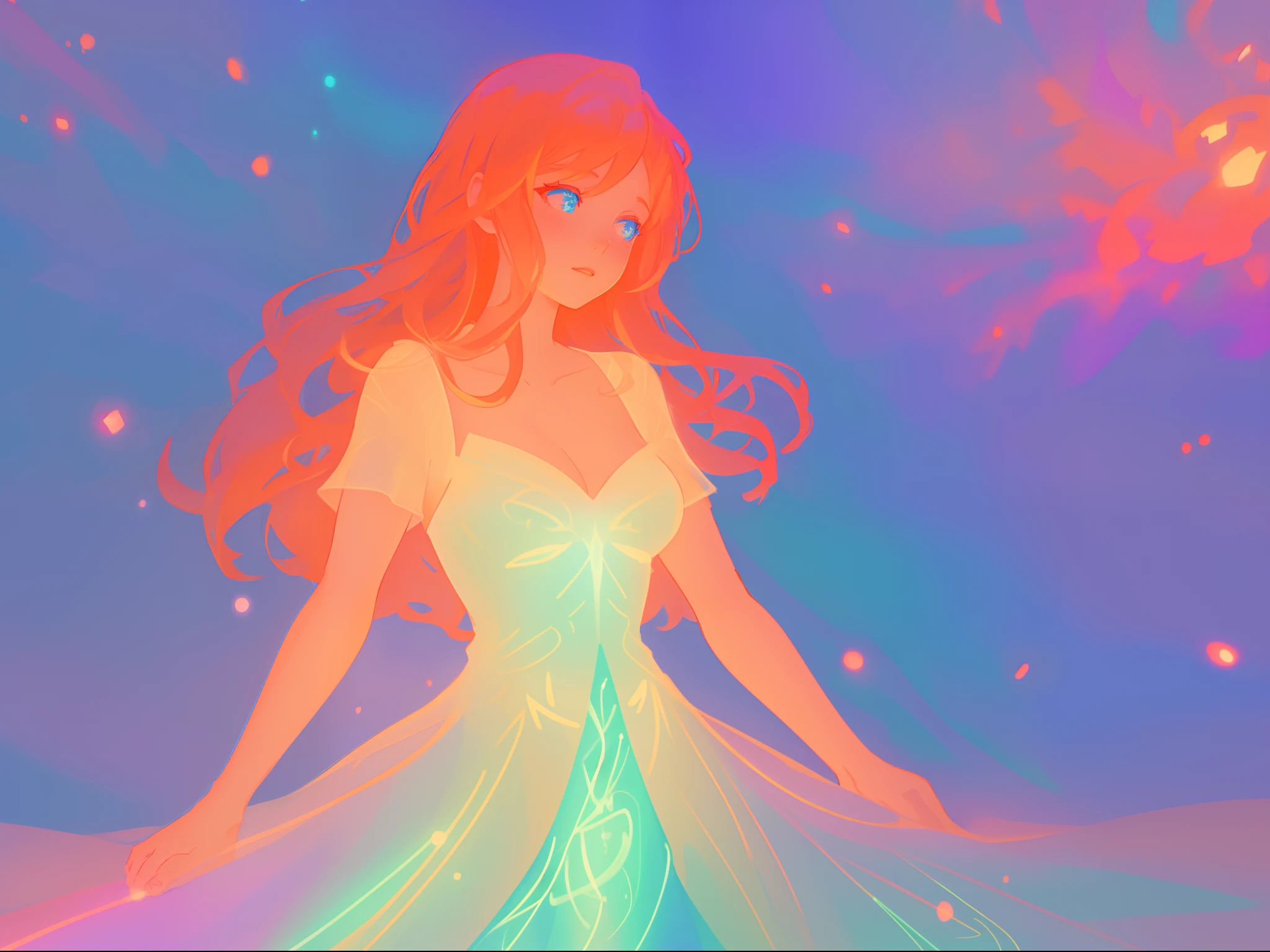 there is a girl in a dress that is standing in the snow, inspired by Glen Keane, inspired by Lois van Baarle, disney art style, by Lois van Baarle, glowing aura around her, by Glen Keane, jen bartel, glowing lights! digital painting, flowing glowing hair, glowing flowing hair, beautiful digital illustration