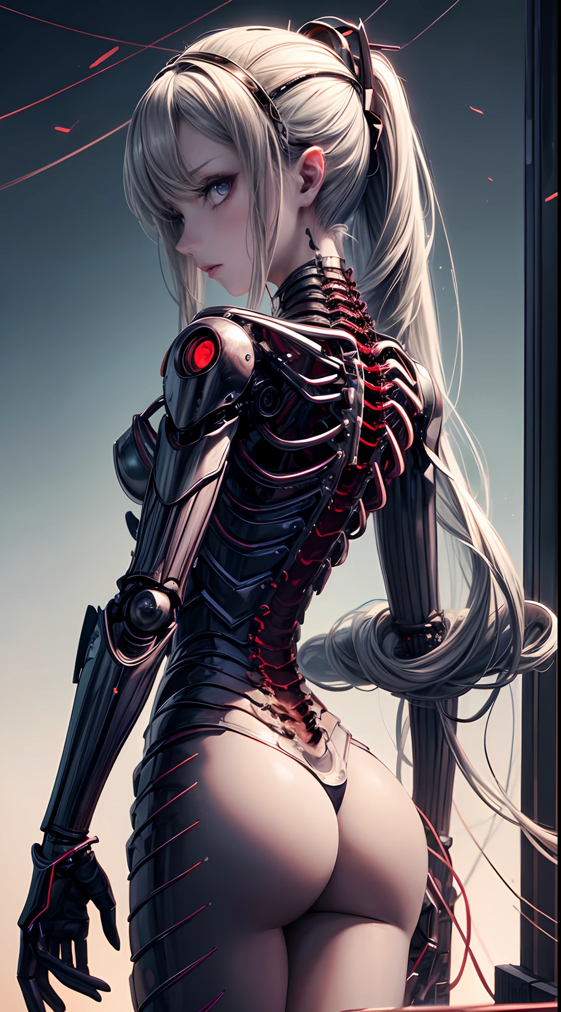 (((Masterpiece))), ((Best Quality)), (Super Detail), (CG Illustration), (Very Evil and Beautiful)), Cinematic Light, ((1 Mechanical Girl)), Single, (Mechanical Art: 1.4), ((Mechanical limb)), (Blood vessel attached to a tube), ((Mechanical spine attached to the back)), ((Mechanical cervical vertebrae attached to the neck), (Back to the viewer)), expressionless, ( Wires and cables attached to the head and body: 1.5), Science Fiction, Apocalypse, Ruins, (Lower Body Integrated with Mechanical Devices), (Blood: 1.5), Cruelty, Absurdity, Eroticism, Fusion with Machines, Doomsday Time, Super Future, Inorganic, Laboratory, Restraint, (Beautiful Indulgence: 1.2), (1 Girl: 1.3), Body Wrapped Around Mechanical Tentacles