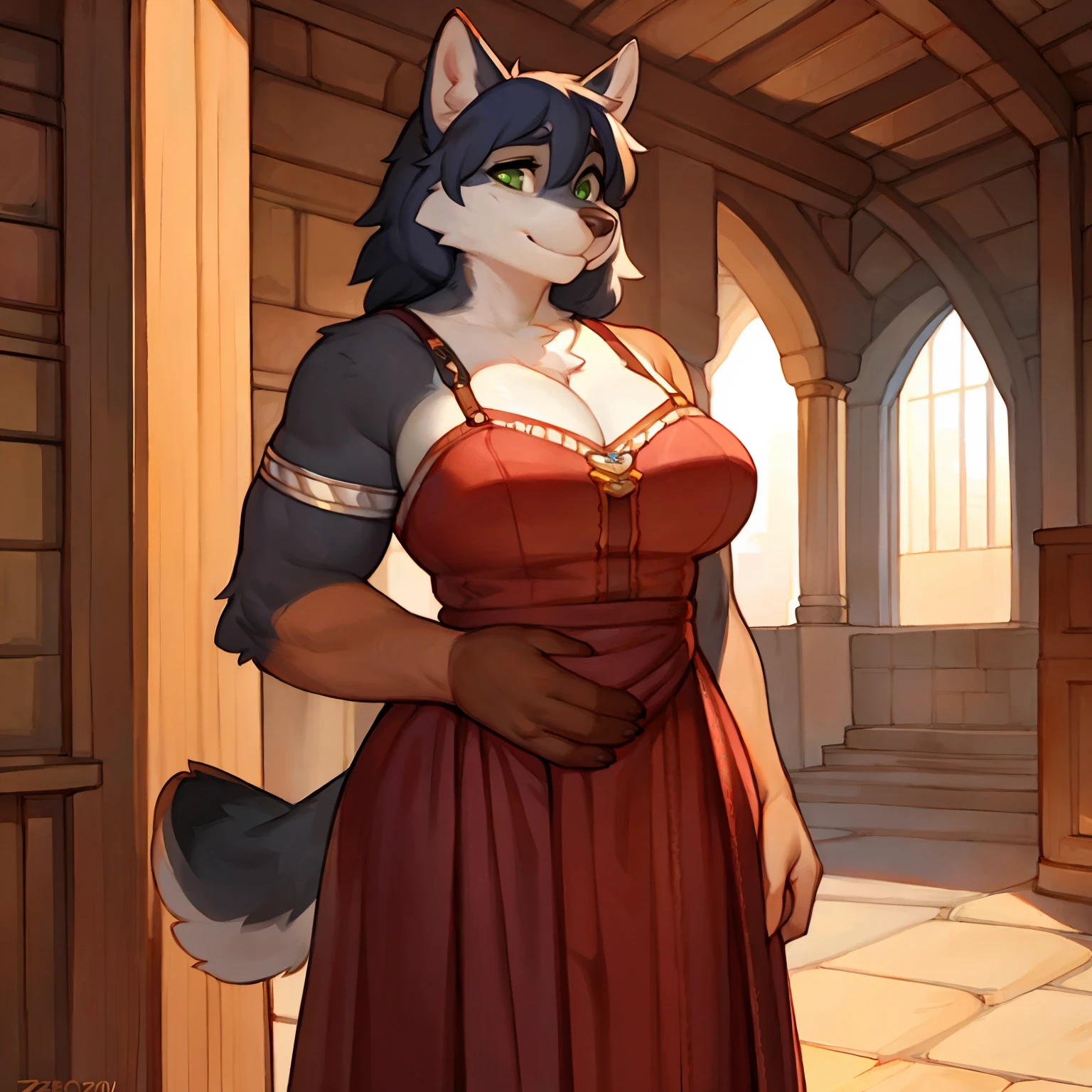 by fluff-kevlar, by Zackary911, by Kenket, by Kilinah, by fluff-kevlar, (masterpiece), (best quality), (anthro furry:1.3, snout:1.2, anthro:1.3, furry:1.2, solo female:1.2), (extremely detailed:1.3), (extremely detailed mouth), (small breasts), ((casual clothing, white dress)), perfect posture, happy expression), ((mohawk hair)), white hair, ((vibrant yellow fox)), pink eye color, ((fluffy))