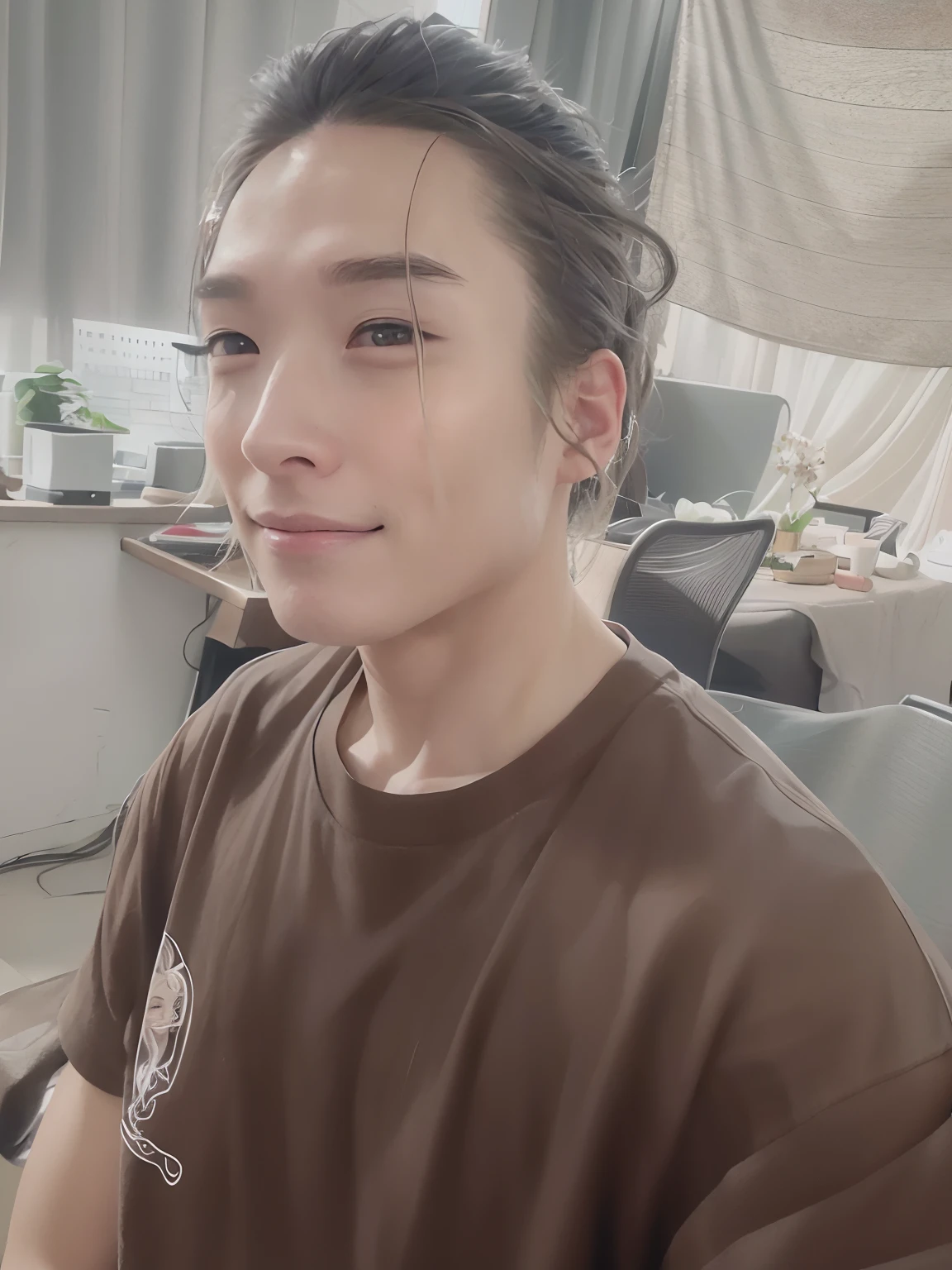 man,white hair, long hair, messy hair, floating hair, eyebrows behind hair, mole under eye, smile, god rays, high detail, anime, UHD