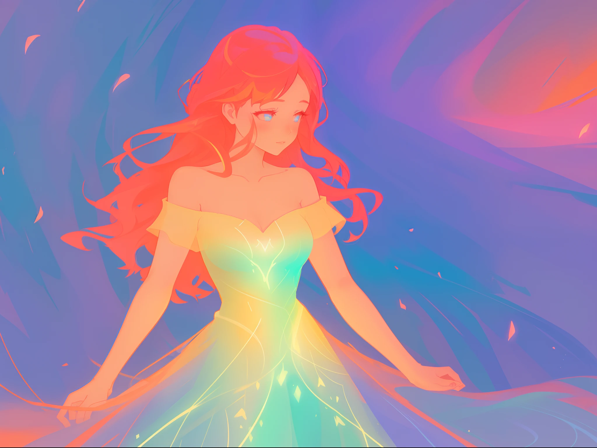 there is a girl in a dress that is standing in the snow, inspired by Glen Keane, inspired by Lois van Baarle, disney art style, by Lois van Baarle, glowing aura around her, by Glen Keane, jen bartel, glowing lights! digital painting, flowing glowing hair, glowing flowing hair, beautiful digital illustration