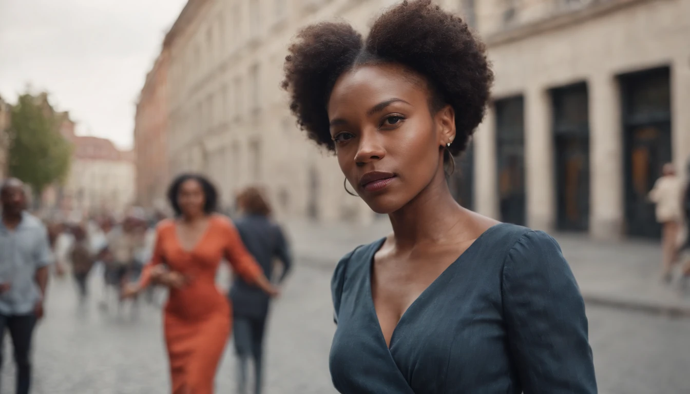 cinematography,a black woman walking down the street in front of the viewer wearing fancy clothes,photorealistic art,documentary,DSLR,high resolution,wide angle lens,lighting,natural light,8k,HDR.
