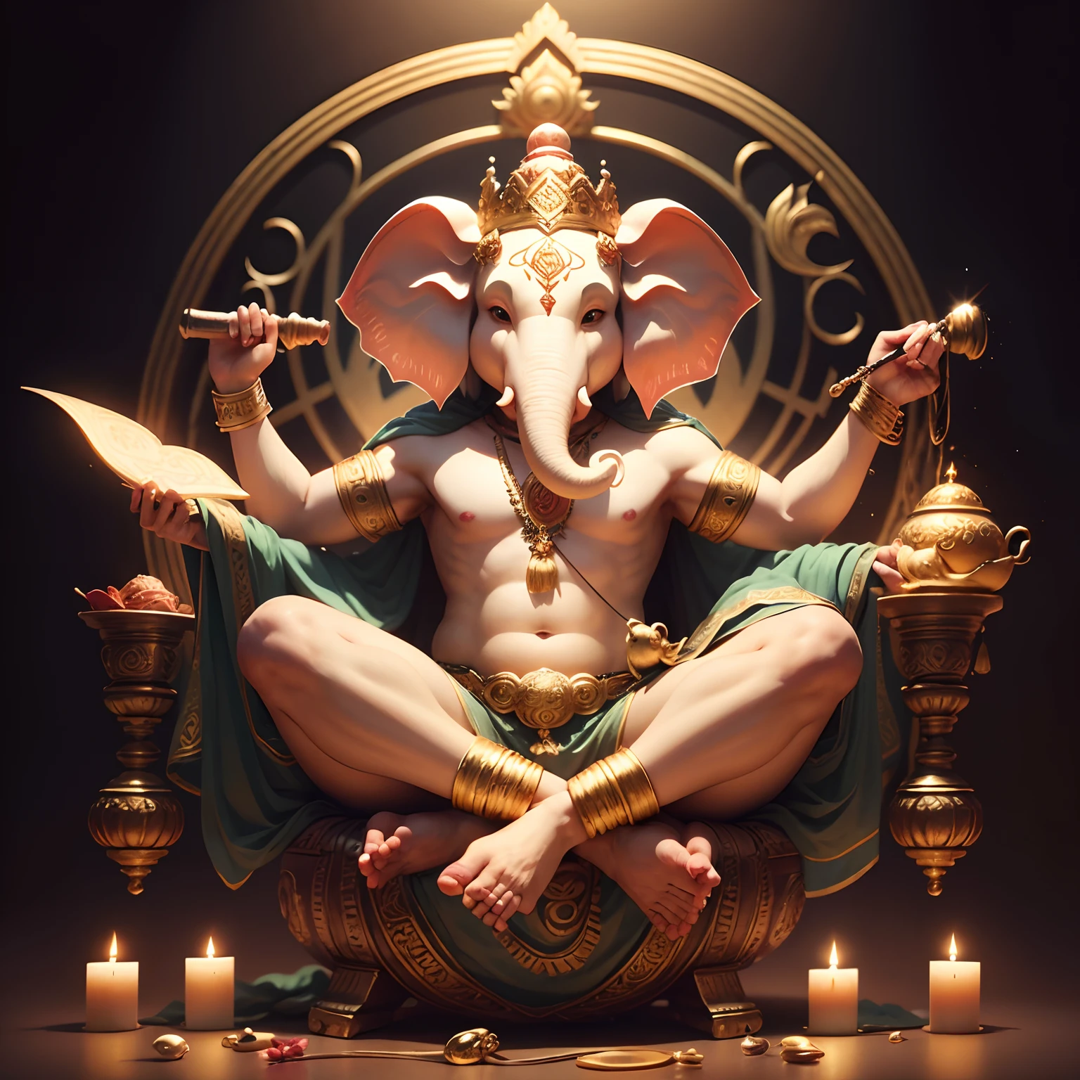 Generate Lord Ganesha Image

Radiant Elephant-Headed Deity: Describe a radiant deity with the head of an elephant, symbolizing wisdom and intellect.

Four Arms and Attributes: Depict a divine being with four arms, each holding symbolic objects like a lotus, an axe, a modak (sweet), and a conch shell.

Graceful Curved Trunk: Illustrate a graceful, curved trunk that represents adaptability and the ability to overcome obstacles.

Large Ears for Keen Listening: Show a figure with large ears, signifying the importance of listening and understanding in one's spiritual journey.

Pot-Bellied and Playful Stature: Create an image of a pot-bellied deity, reflecting a joyful and playful nature that embraces life's pleasures.

Serpent Belt and Crescent Moon Crown: Include details like a serpent belt and a crescent moon crown to highlight Lord Ganesha's connection with cosmic energies.

Mouse Companion: Picture a mouse as a companion, symbolizing the taming of desires and the importance of humility.

Divine Aura and Halo: Surround the figure with a divine aura or halo to emphasize the sacred nature of Lord Ganesha.

Remember to add your own artistic flair