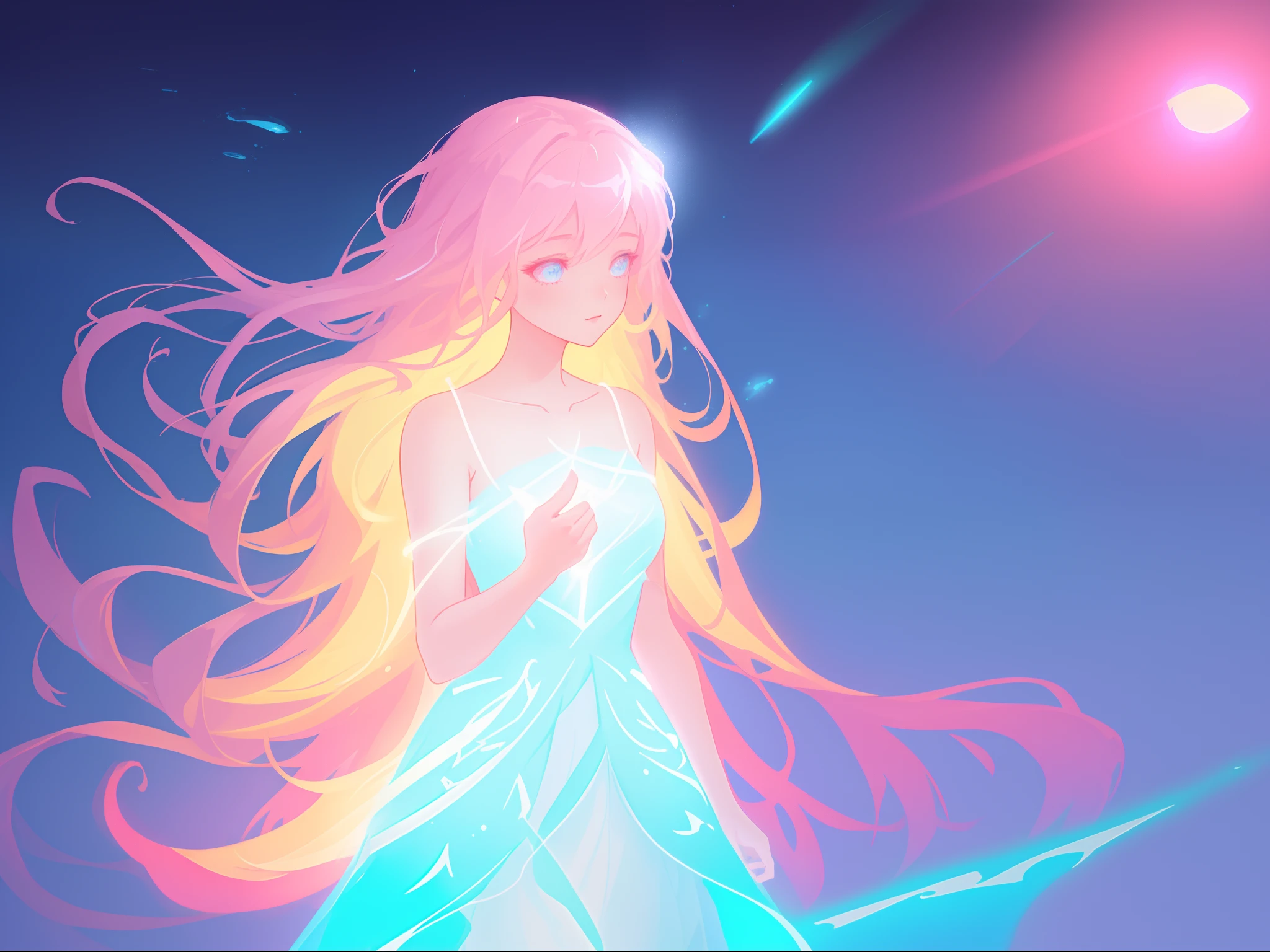there is a girl in a dress that is standing in the snow, inspired by Glen Keane, inspired by Lois van Baarle, disney art style, by Lois van Baarle, glowing aura around her, by Glen Keane, jen bartel, glowing lights! digital painting, flowing glowing hair, glowing flowing hair, beautiful digital illustration