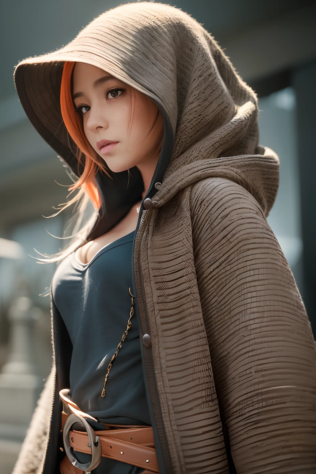 Cute hooded girl,The Grim Reaper emerges from the swirling shadows.Stand in the Cemetery of Forgotten Souls.(Female Grim Reaper Protecting a Girl from Behind:1.3,)Wielding a scythe,(Light brown and light orange striped hair:1.3,),Perfect face,Proper body proportion,masutepiece,High-quality output images,超A high resolution,Intricate details,Very delicate and beautiful hair,photographrealistic,Dreamy,Professional Lighting,realistic shadow,Solo Focus,Beautiful hands,Beautiful fingers,Detailed finger features,detailed clothes features,Detailed hair features,detailed facial features,Style fighting games,Style RPG
