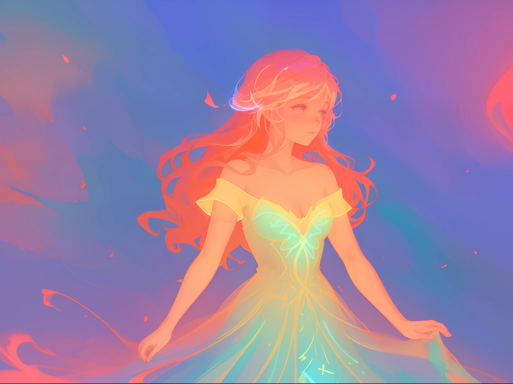 there is a girl in a dress that is standing in the snow, inspired by Glen Keane, inspired by Lois van Baarle, disney art style, by Lois van Baarle, glowing aura around her, by Glen Keane, jen bartel, glowing lights! digital painting, flowing glowing hair, glowing flowing hair, beautiful digital illustration