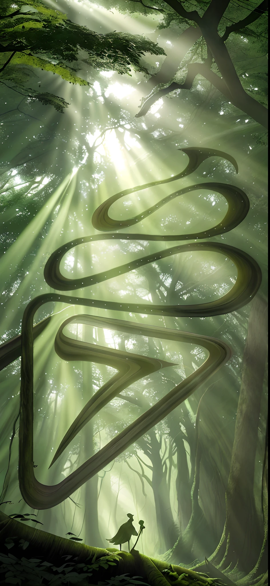 depiction: In a secluded forest, A ray of sunlight penetrates the dense canopy, Cast an ethereal glow on the forest floor. Among the towering trees, The mysterious shadow seems to come to life, Whisper secrets to those who dare to listen. Capture the mysterious charm of these whispered shadows and the interplay between light and darkness in this mysterious setting.