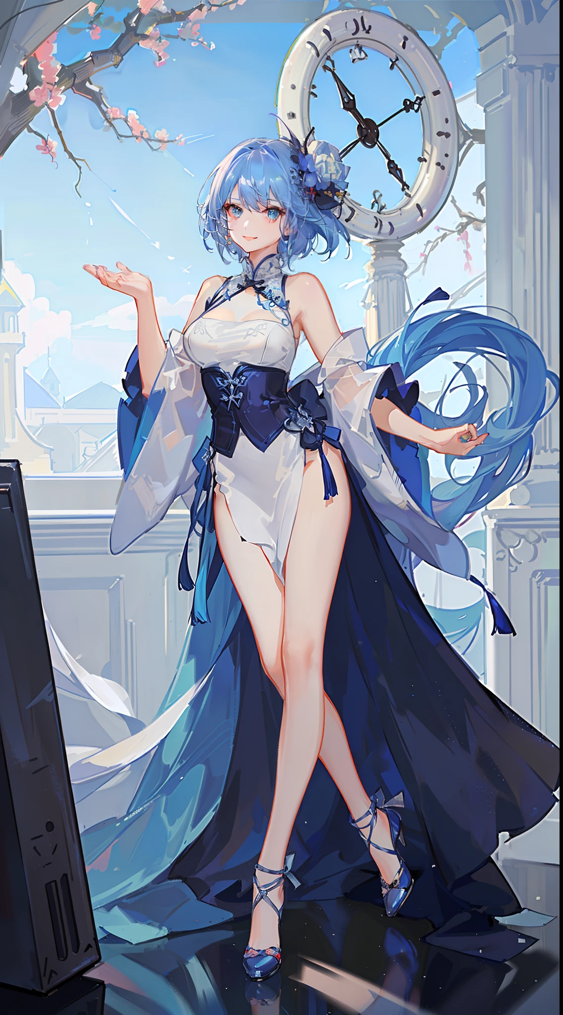 1lady, solo, the best、masterpiece, high quality, High precision,Highly detailed 8K Pure、sorrow、Tragic Love、Neo-Venezia、Uyuni salt lake、horizontal line、White Knight、Reflective water surface、In the wide sea, long blue hair, Lower ponytail ,white scrunchie, pink star side head ornament, light blue frilled bikini, long sarong padd, cobalt blue Sarong pass, lighr blue eyes, (,Flushed skin)、Hair blowing in the wind、Shiny Hair、Glowing Skin、thin pink lips, beautiful spotlight, Full body portrait、(Image idol sculpture、A lovely idol pose)、Heavy breathing、(Wide sky、infinity mirror、Beautiful sea), (Exposed breasts、Sweat runs down your chest)、Mojimoji、(A shy smile)、defenseless、Beautiful eyes illuminated by the light、Shiny Hair、Reflected Eyes、.(Look at the sky:1.3).(Red face:1) . (CG paintings with attention to detail),(Perfect image).a little excitement、Thin chest、Before menarche、(Feather hair ornamentLow Angle、Colorful sky、Contrail、shooting star、rainbow、Aurora、Solar flare, spray, bubble, tall stature, glamorous, singing, open mouth, soundwave from mouth, musical note
