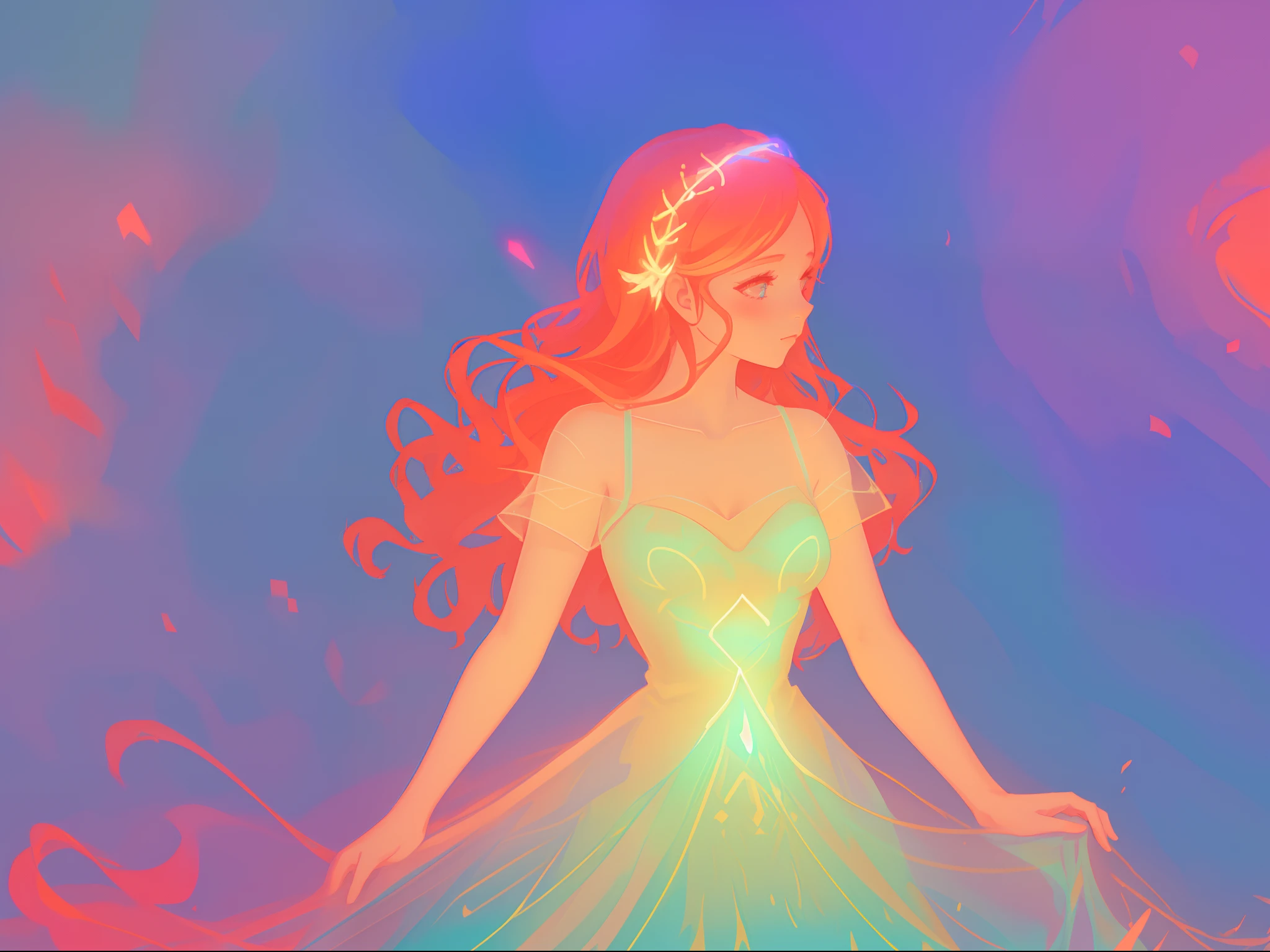 there is a girl in a dress that is standing in the snow, inspired by Glen Keane, inspired by Lois van Baarle, disney art style, by Lois van Baarle, glowing aura around her, by Glen Keane, jen bartel, glowing lights! digital painting, flowing glowing hair, glowing flowing hair, beautiful digital illustration