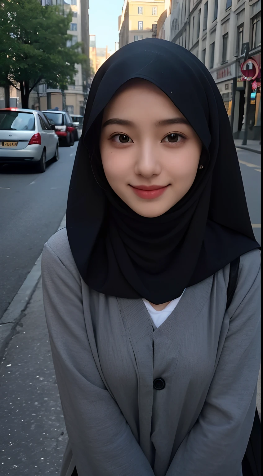 Portrait photo of a young malay girl, (laughing:0.7), (mira filzah face), malaysian, posing, look at a camera, pastel pink hijab, complex city background, backlit, (cinematic:1.5), epic realistic, hyperdetailed, detailed skin texture, mole below eye, insane details, intricate details, accent lighting, soft volumetric light, bokeh, (dramatic light:1.2), (neutral colors:1.3), cross process, night background.