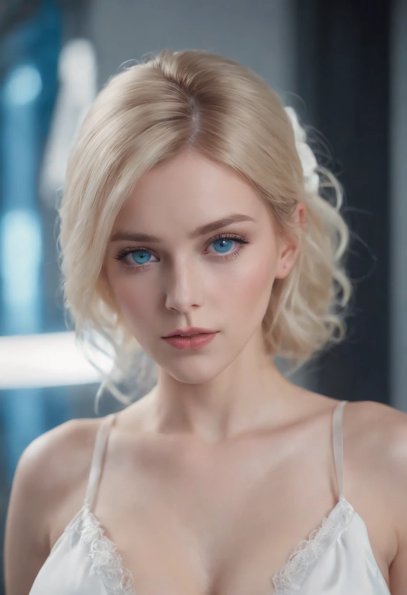 woman, Realistic character，coiffed blonde hair, White silk slip dress，Blue eyes, anime big breast, Alone, modern, Cyberpunk
