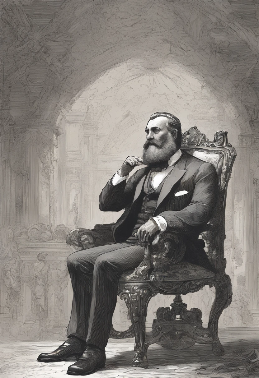 rafed man with a beard and a suit sitting in a chair, gustav moreau, gustave dore and junji ito, drawing gustave dore, gustave, ivan shiskin, adolphe bouguereaum, frederic church and vasily perov, (jean jules linden), octave rendey, inspired by Thomas Gambier Parry, gustave dore' background, body builder