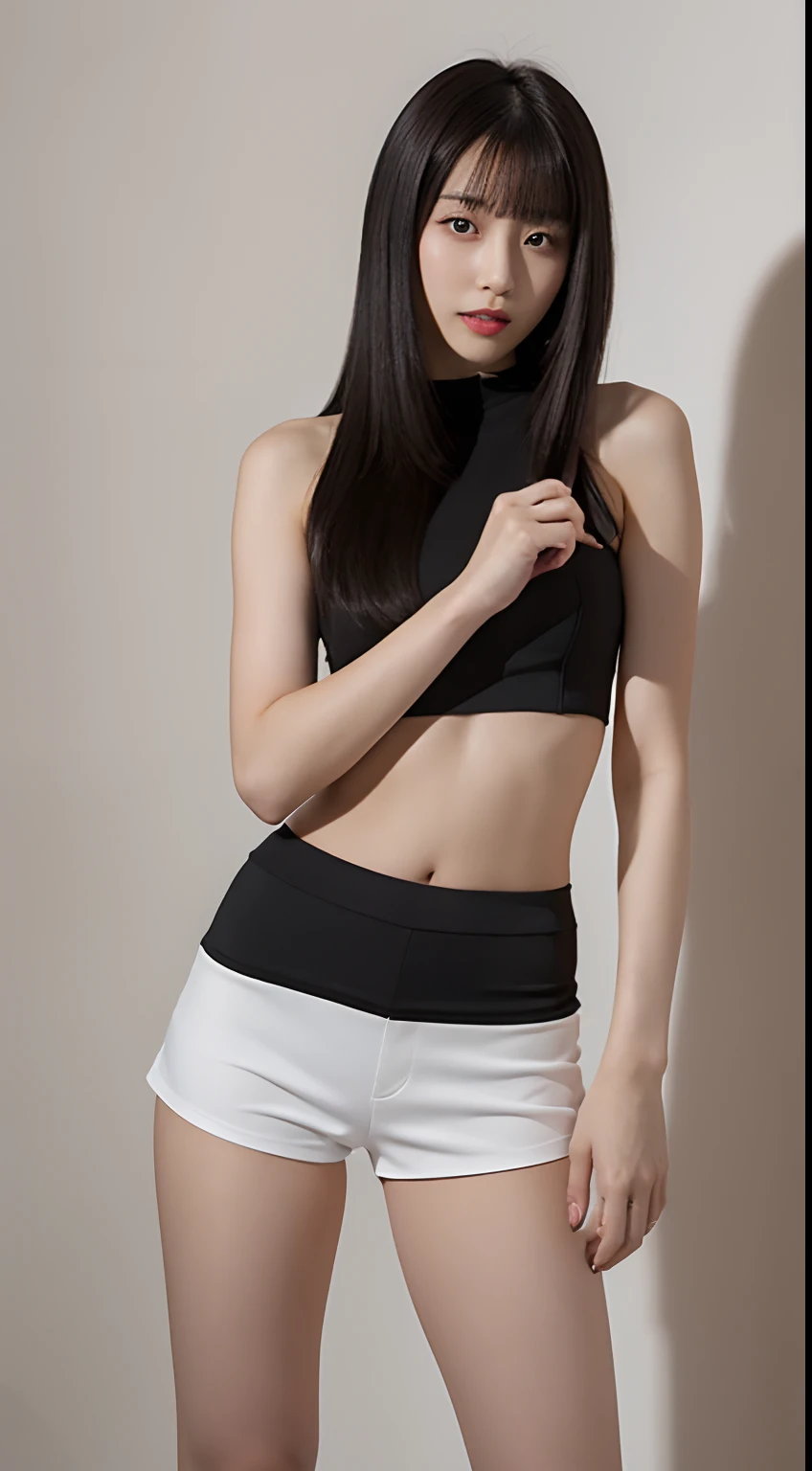 Photoreal, beautiful Japanese woman, straight and long black hair, black eyes, wearing crop top and short shorts