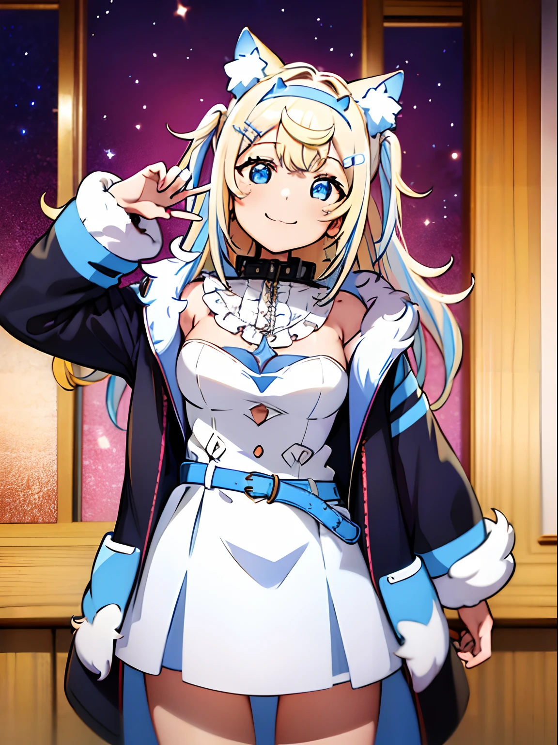 masterpiece, best quality, absurdres, perfect anatomy, fuwawa_abyssgard, full body, animal ears, animal ear fluff, 1girls, hair ornament , blue eyes, blonde hair, hairband, hairclip, collar, smile, jacket, white dress, blue belt, looking at viewer, cowboy shot,