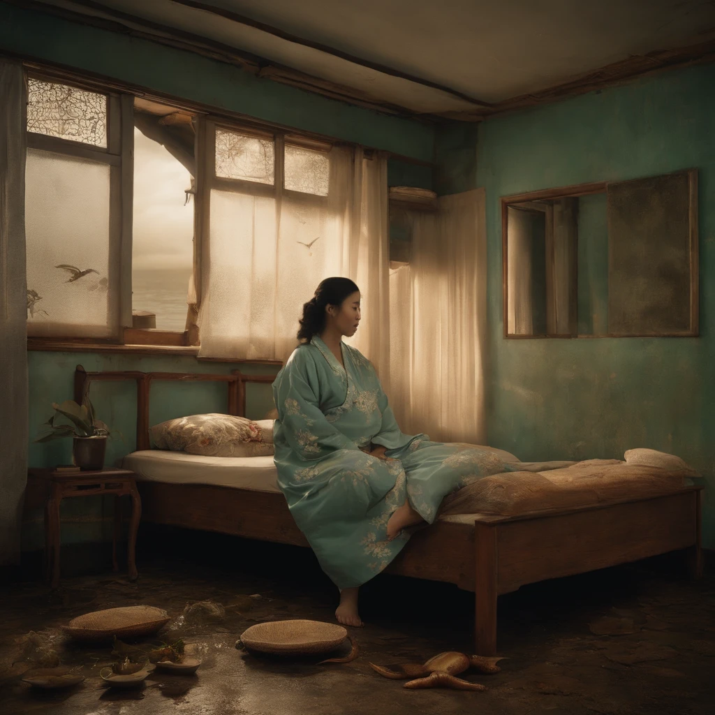 Old beds with dirty, peeling tiles and cracks、Bedroom floor littered with rotting dead aquatic creatures, food scraps and rotting seafood with polluted, cloudy cloudy streams、A fat Japan woman in her 20s in pajamas who sleeps with her mouth wide open and vomiting with a terrible look and an expression of anguish