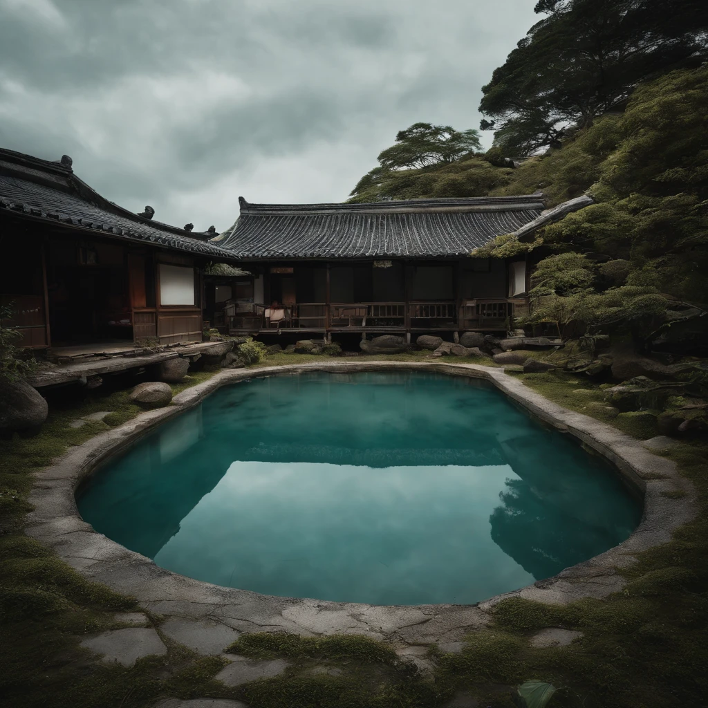 Old beds with dirty, peeling tiles and cracks、Bedroom floor littered with rotting dead aquatic creatures, food scraps and rotting seafood with polluted, cloudy cloudy streams、A fat Japan woman in her 20s in pajamas who sleeps with her mouth wide open and vomiting with a terrible look and an expression of anguish