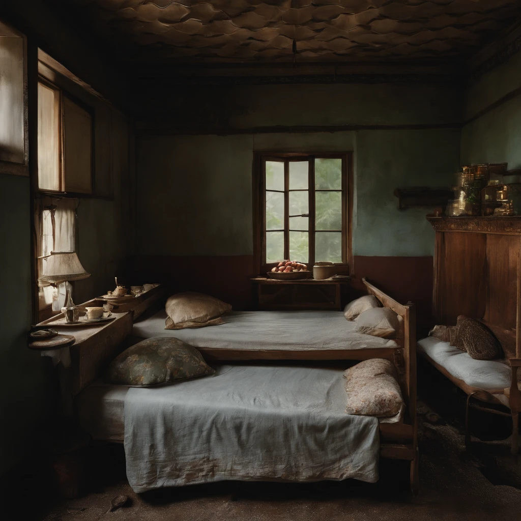 Old beds with dirty, peeling tiles and cracks、Bedroom floor littered with rotting dead aquatic creatures, food scraps and rotting seafood with polluted, cloudy cloudy streams、A fat Japan woman in her 20s in pajamas who sleeps with her mouth wide open and vomiting with a terrible look and an expression of anguish