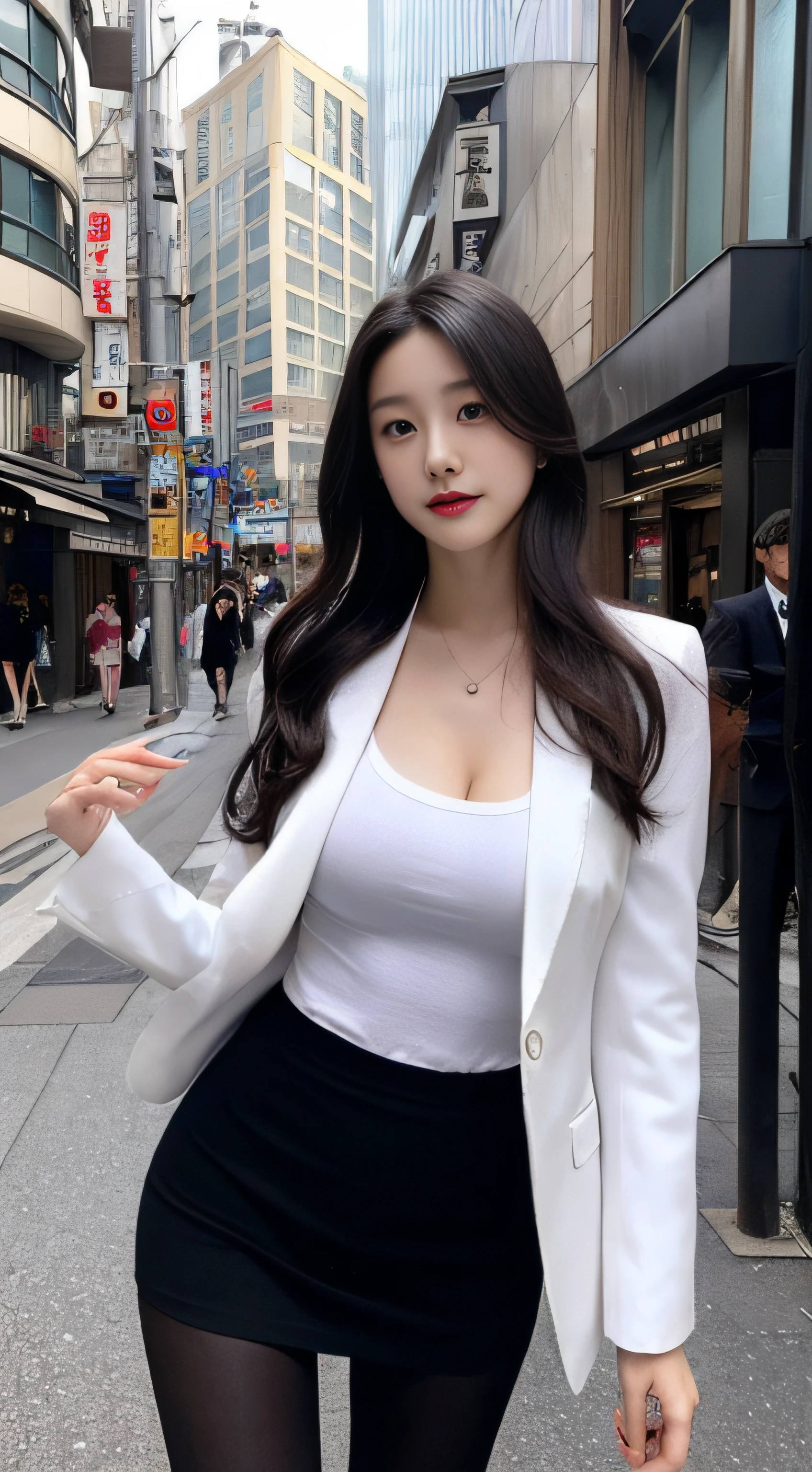 Tall and slender beauty、Beauty in suits、Colossal tits、undershirt、Cool beauty、Career woman、Japan beauties、Black tights，modeled、tiese，streets background，