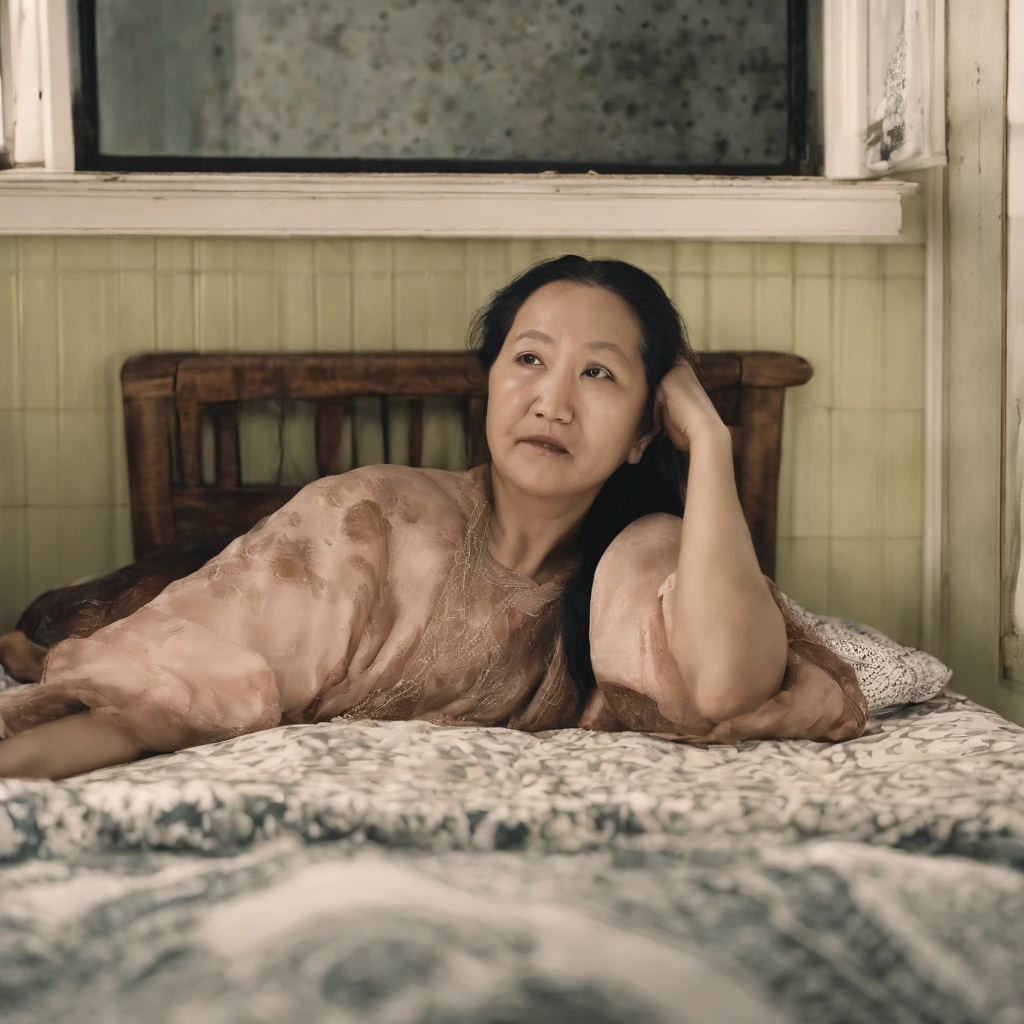 Old beds with dirty, peeling tiles and cracks、Bedroom floor littered with rotting dead aquatic creatures, food scraps and rotting seafood with polluted, cloudy cloudy streams、A fat Japan woman in her 20s in pajamas who sleeps with her mouth wide open and vomiting with a terrible look and an expression of anguish