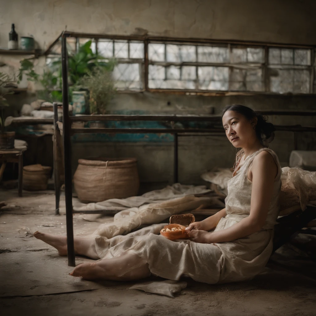 Old beds with dirty, peeling tiles and cracks、Bedroom floor littered with rotting dead aquatic creatures, food scraps and rotting seafood with polluted, cloudy cloudy streams、A fat Japan woman in her 20s in pajamas who sleeps with her mouth wide open and vomiting with a terrible look and an expression of anguish