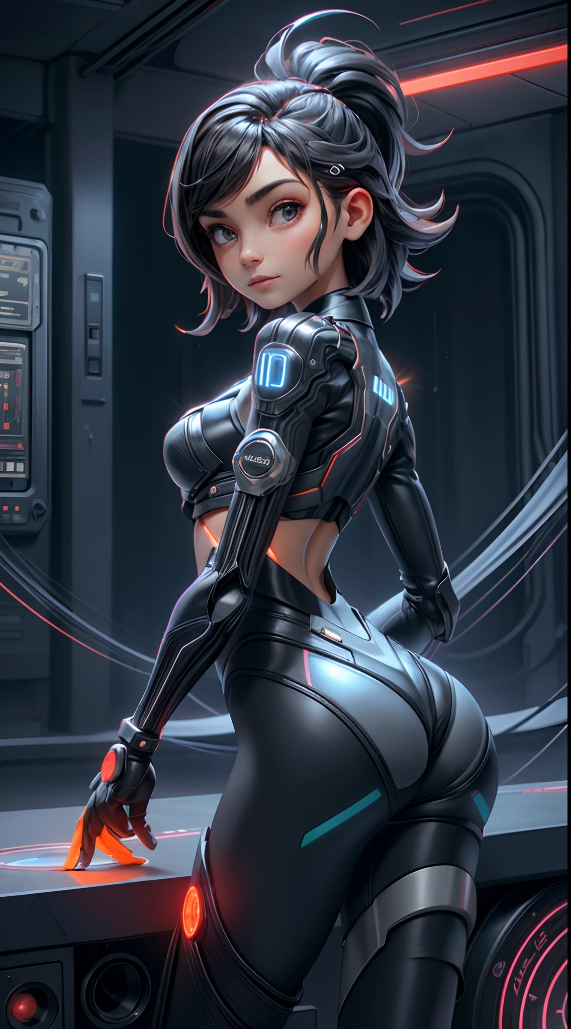motor irreal:1.4,UHD,La mejor calidad:1.4, fotorrealista:1.4, textura de la piel:1.4, obra maestra:1.8,posing behind Beautiful Woman,(Protogen hembra),cyberpunk,mechanic,ojos brillantes,Orange metal surface,Pantalla digital,advanced technology,futuristic,red neon lights,electromagnetic field,bordes afilados,Aerodynamic design,Organismo digital,biomech,Mysterious atmosphere,Visera de vidrio,Sentidos mejorados,energetic pose,Circuitos invisibles,Holographic projections,Cables de colores,cyborg hembra,(Special station:1.4), ((La mano consiste en un pulgar corto y cuatro dedos,mano con solo cinco dedos,(Cara detallada)))