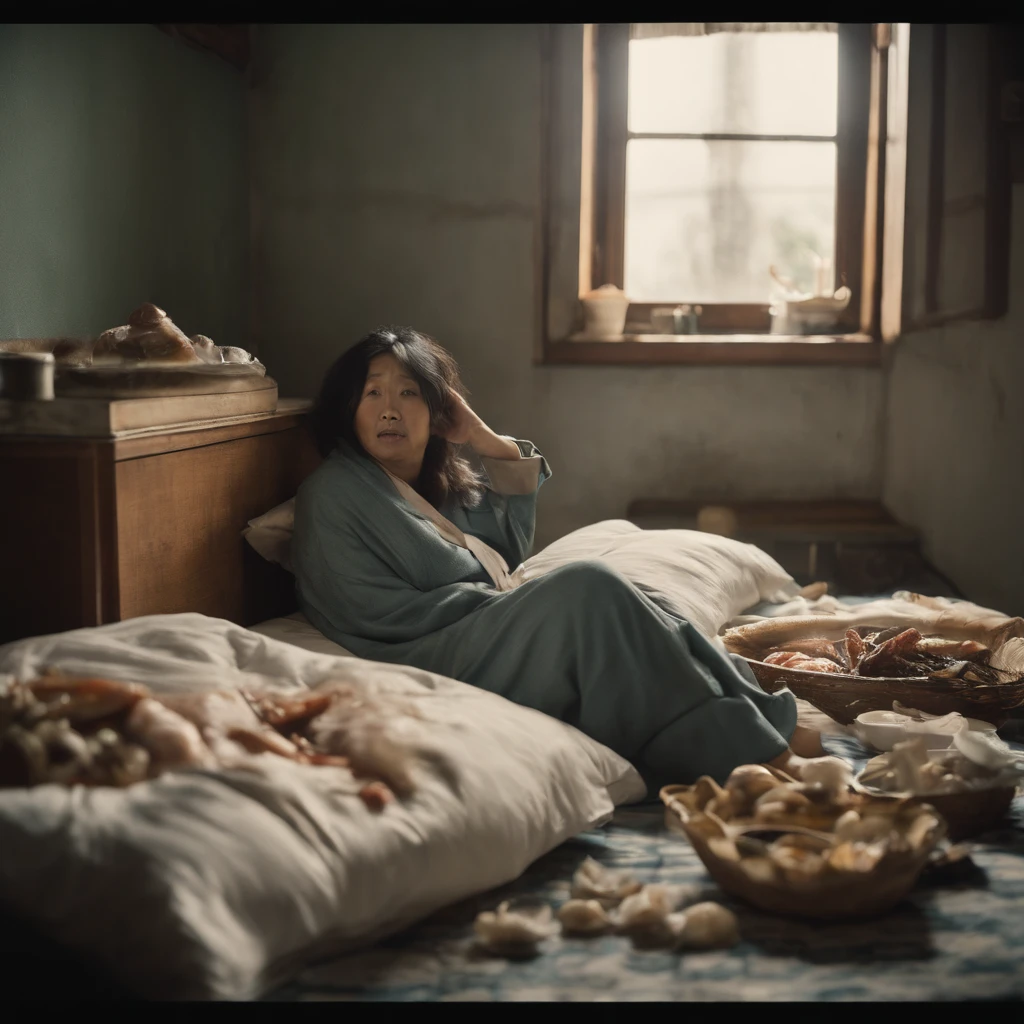 Old beds with dirty, peeling tiles and cracks、Bedroom floor littered with rotting dead aquatic creatures, food scraps and rotting seafood with polluted, cloudy cloudy streams、A fat Japan woman in her 20s in pajamas who sleeps with her mouth wide open and vomiting with a terrible look and an expression of anguish