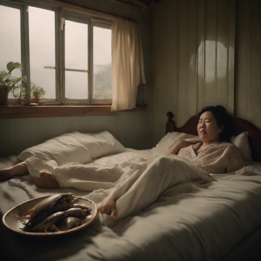 Old beds with dirty, peeling tiles and cracks、Bedroom floor littered with rotting dead aquatic creatures, food scraps and rotting seafood with polluted, cloudy cloudy streams、A fat Japan woman in her 20s in pajamas who sleeps with her mouth wide open and vomiting with a terrible look and an expression of anguish
