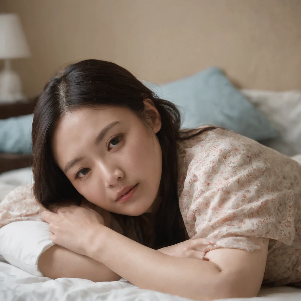 Old beds with dirty, peeling tiles and cracks、Bedroom floor littered with rotting dead aquatic creatures, food scraps and rotting seafood with polluted, cloudy cloudy streams、A fat Japan woman in her 20s in pajamas who sleeps with her mouth wide open and vomiting with a terrible look and an expression of anguish