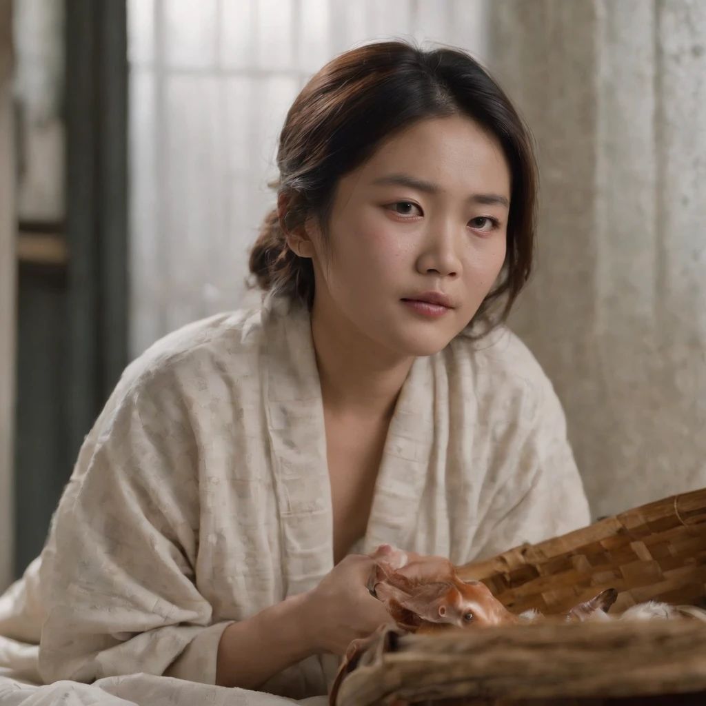 Old beds with dirty, peeling tiles and cracks、Bedroom floor littered with rotting dead aquatic creatures, food scraps and rotting seafood with polluted, cloudy cloudy streams、A fat Japan woman in her 20s in pajamas who sleeps with her mouth wide open and vomiting with a terrible look and an expression of anguish