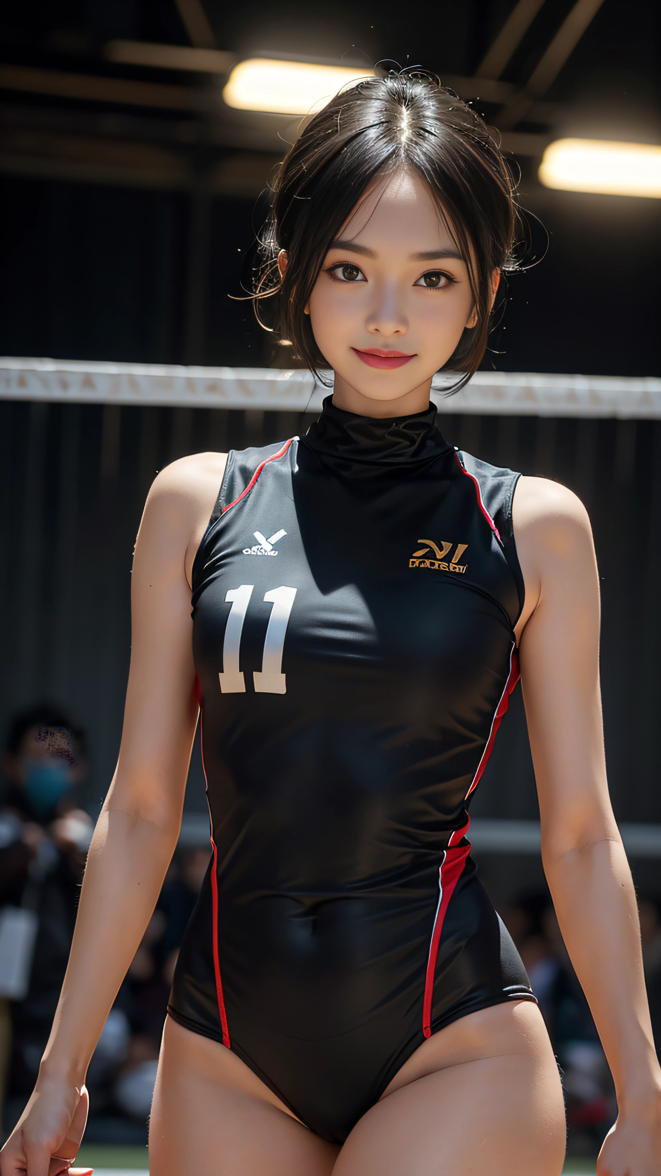 masterpiece, top quality, photorealistic, black hair, soft middle hair, colorful volleyball costume, flared skirt, full body, sexy, small face,