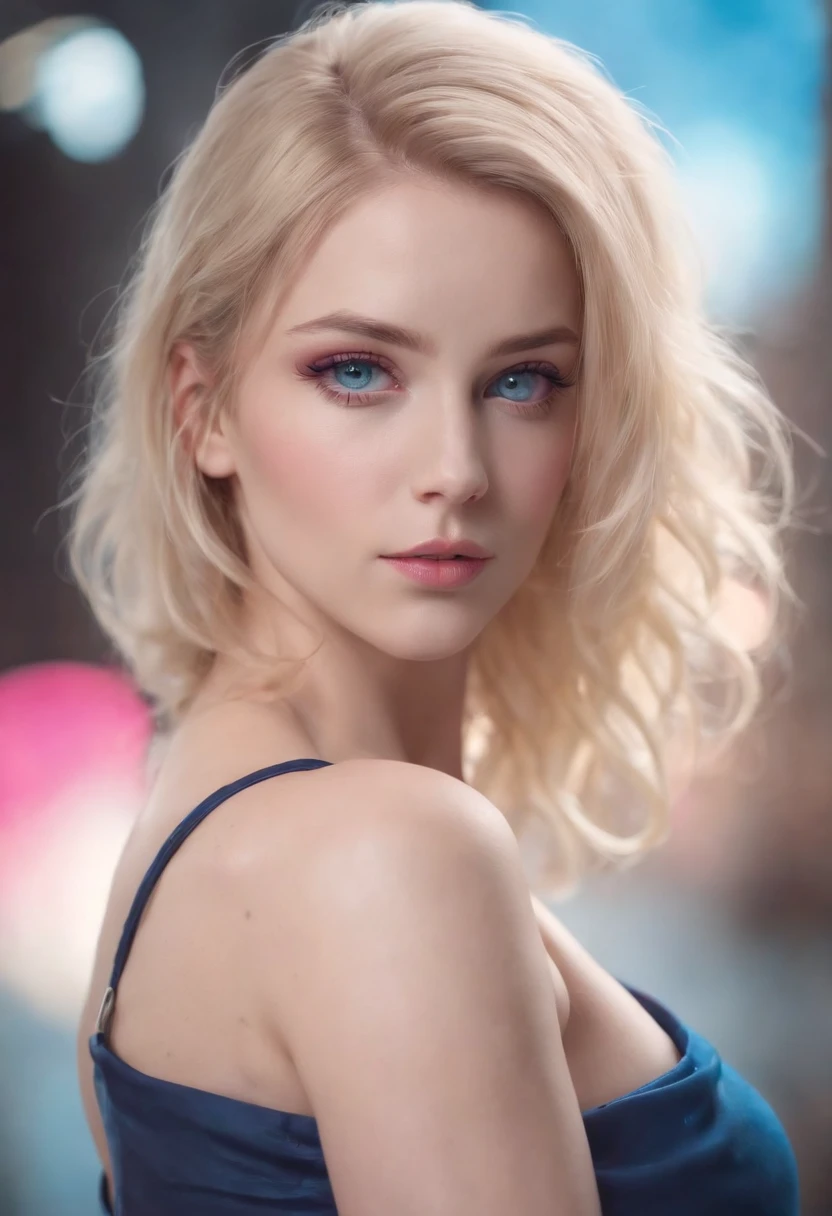 woman, Realistic character,coiffed blonde hair, Pink silk belly pocket,Blue eyes, anime big breast, Alone, modern, Cyberpunk