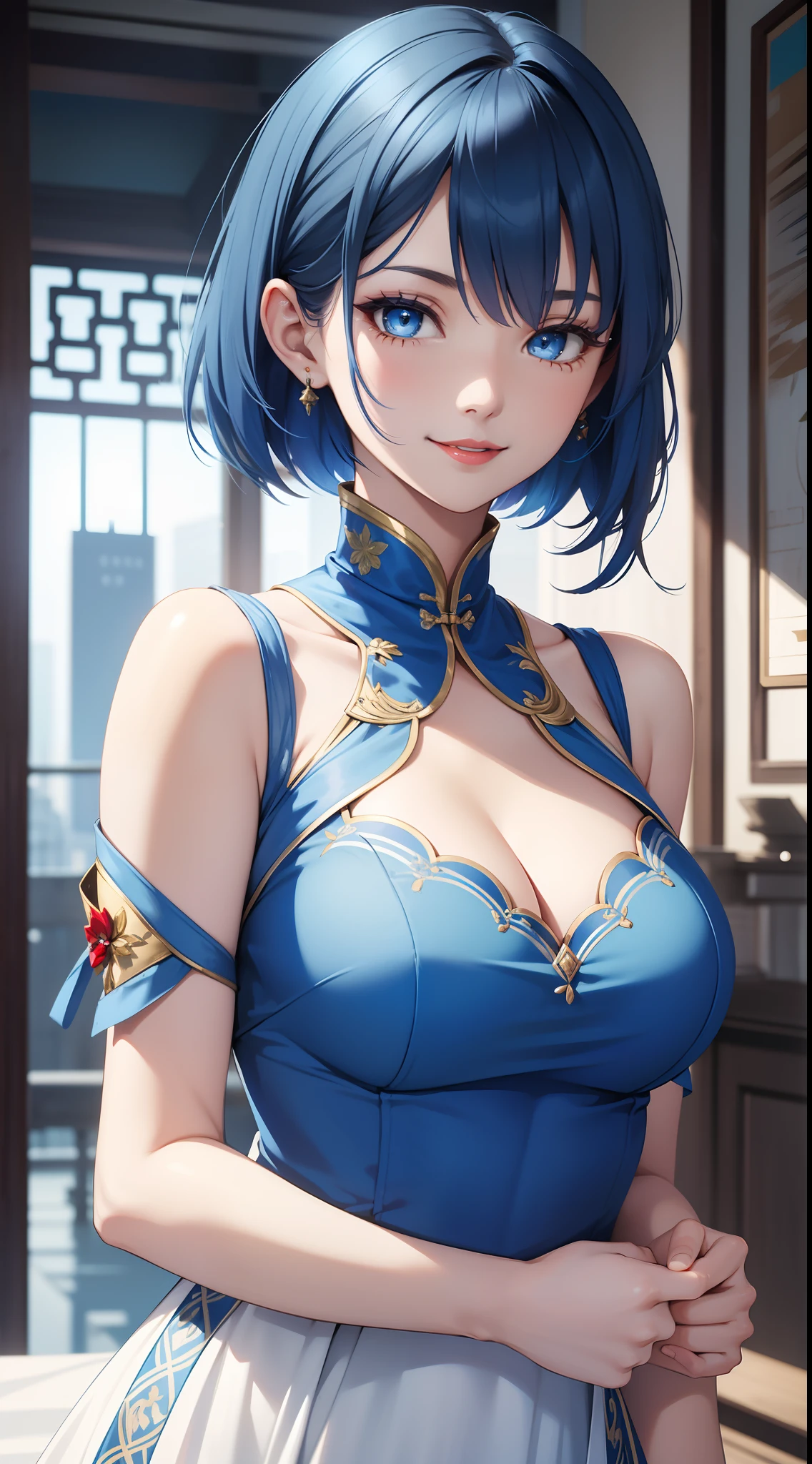 Tall girl, Short blue hair, blue eyes, white chinese dress, Blue inserts, open shoulders, red lipstick, Smile, Masterpiece, hiquality, high detail, HD, 4k