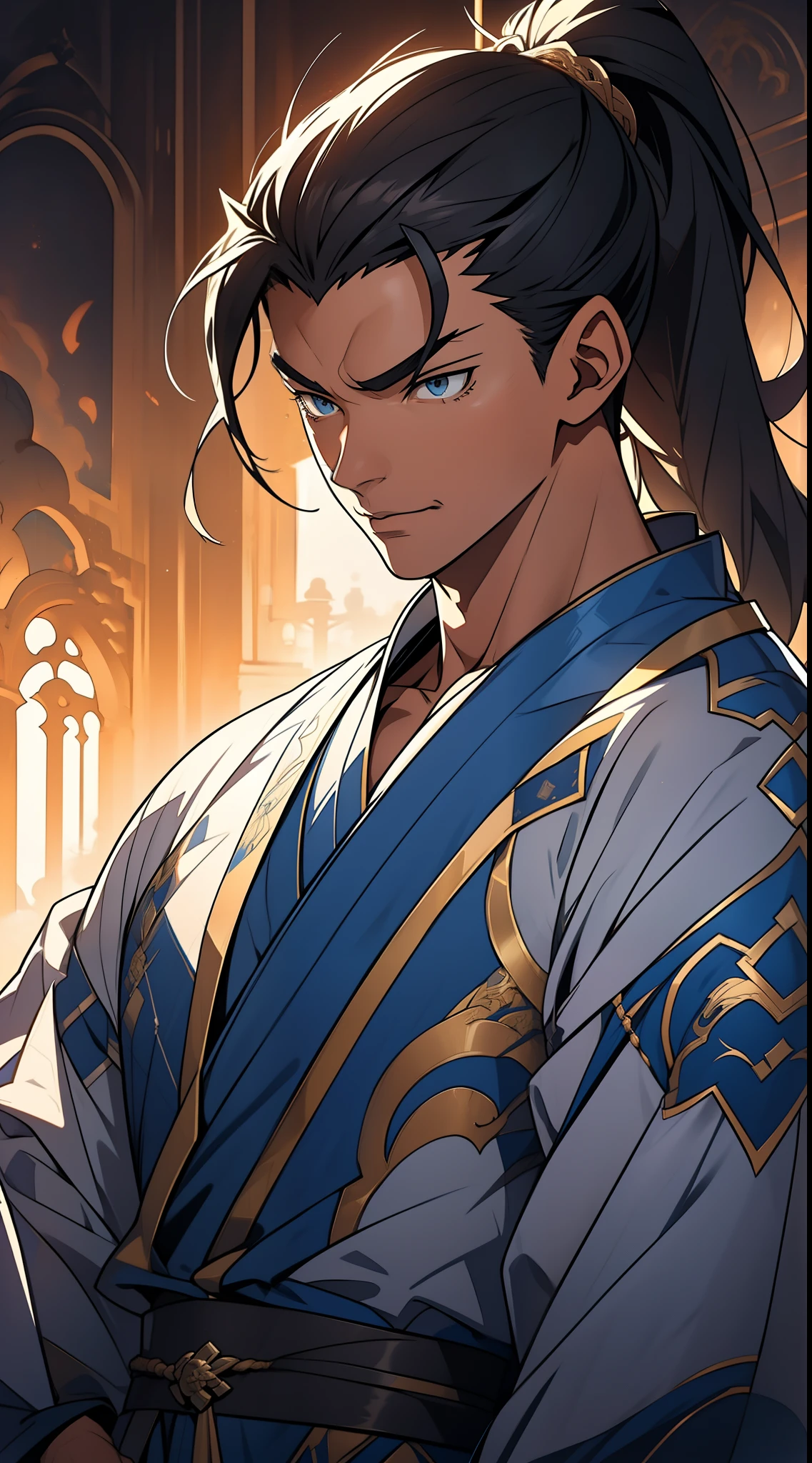 quadratic element，style of anime，mtu（Male Warrior），The proportions are correct，Face details，swordsmen，High ponytail hairstyle，Neck details，There is an Adam's apple，Blue suit，kaftan，long blue robes，clothes details，Handing over，longer sleeves，Game quality，Swordsmanship，Light and shadow tracking，Ray traching，detailed glow，cg render，hair detail，Black long hair，blue colored eyes，Handsome，Handsome，（juvenile sense），Clothing is complicated，Perfectcomposition，Refinement，high qulity，higher details，Lots of details，The background is complex，a sense of atmosphere，