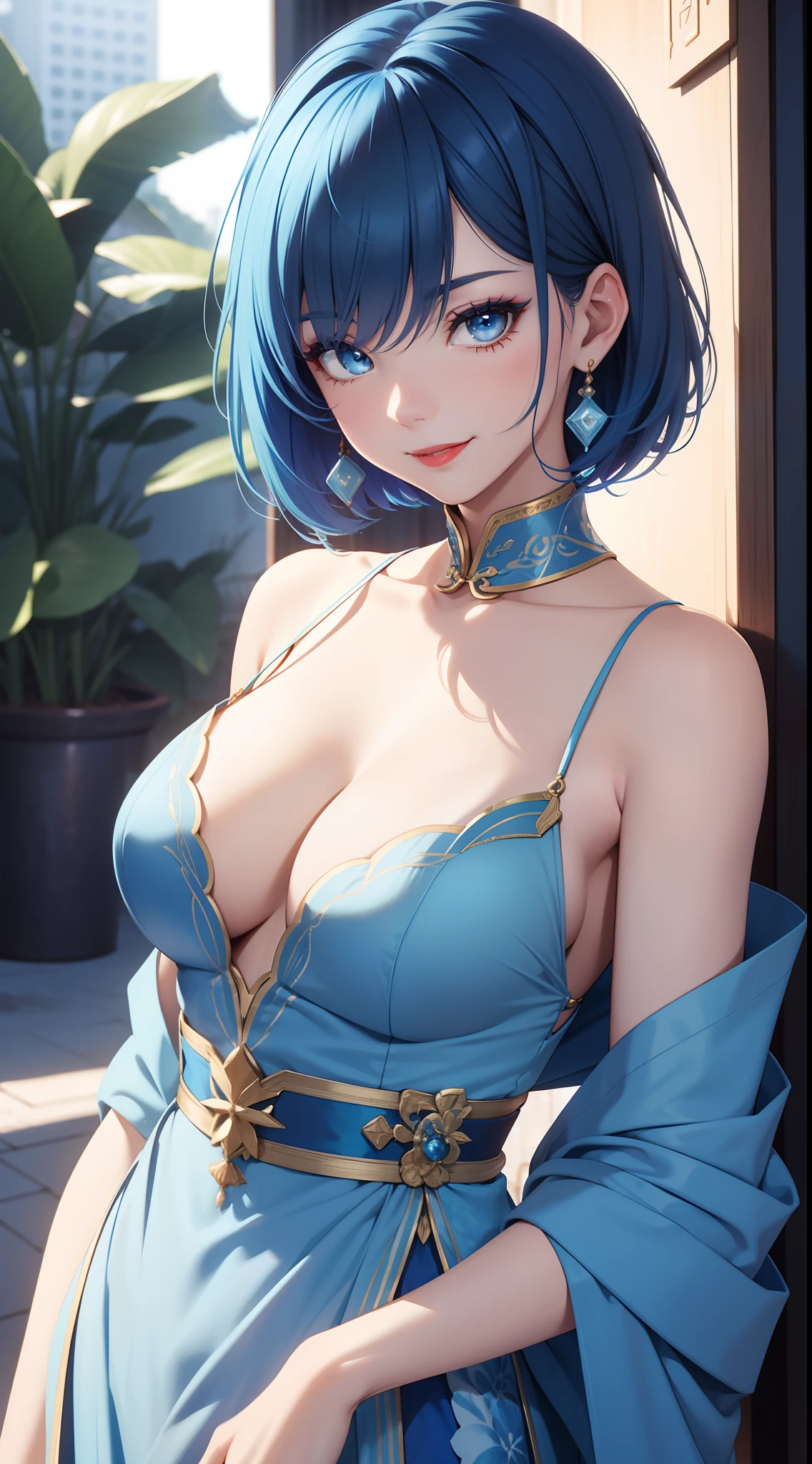 Tall girl, Short blue hair, blue eyes, white chinese dress, Blue inserts, open shoulders, red lipstick, Smile, Masterpiece, hiquality, high detail, HD, 4k