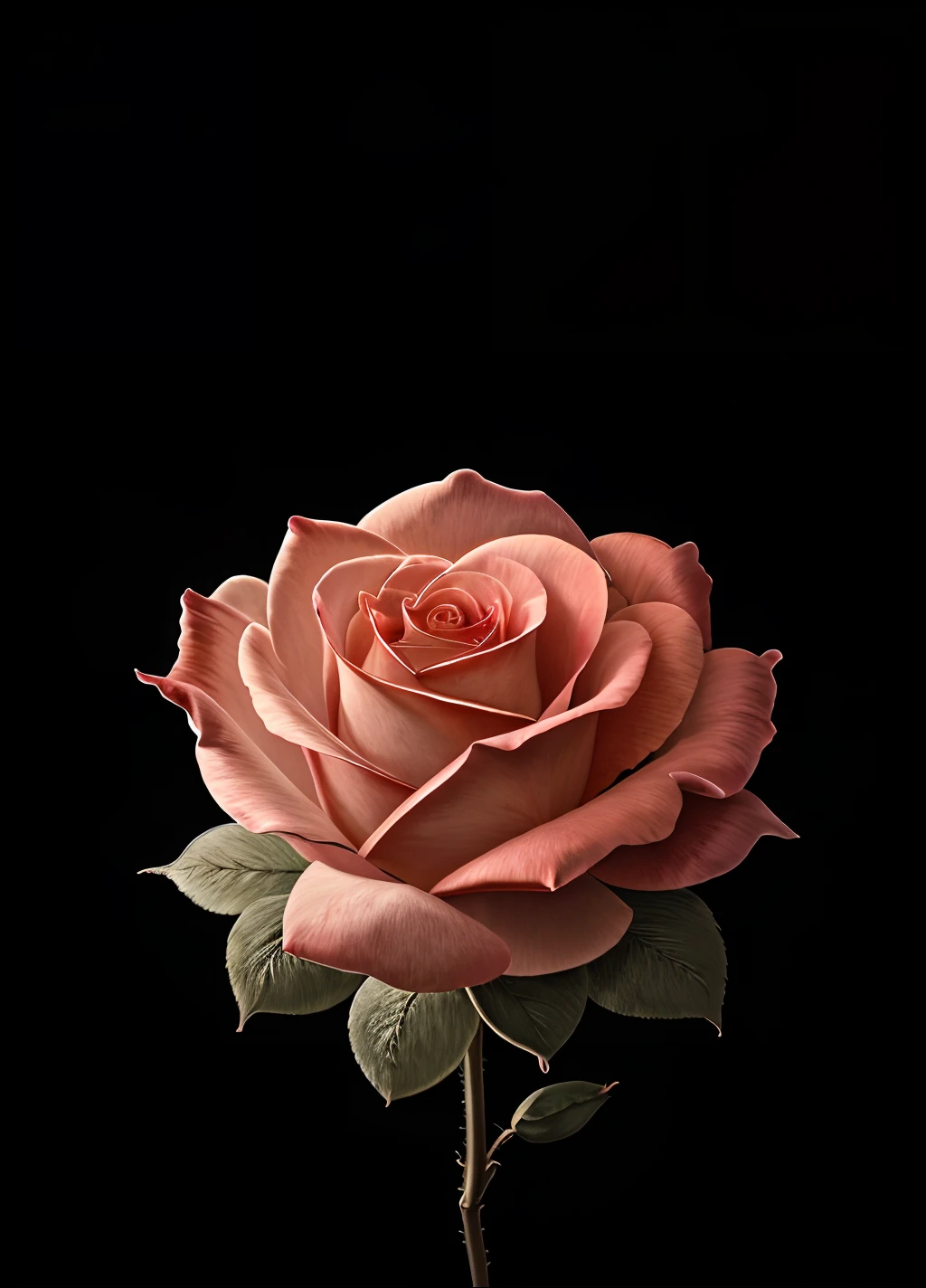 a close-up view of a big petrified rose with intricate details, surrounded by a soft glow, causing the rose to stand out against a dark background