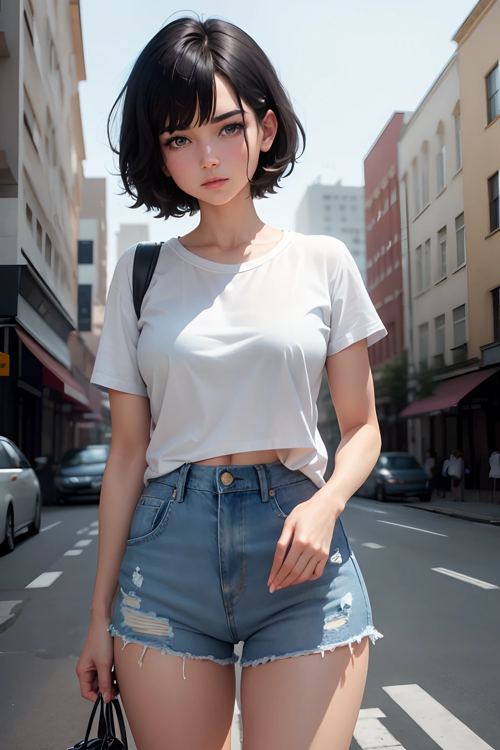 1 girl, short black hair, blue eyes, wearing plain white shirt, denim shorts, city, absurdres, high res, ultrasharp, 8K, masterpiece, looking at viewer