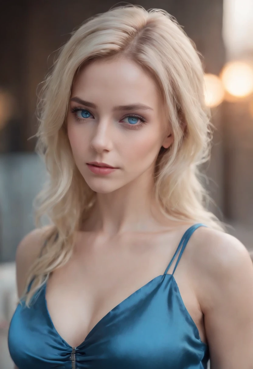woman, Realistic character,coiffed blonde hair, Willow leaf silk dress,Show the chest,Blue eyes, anime big breast, Alone, modern, cyber punk perssonage,fully body photo